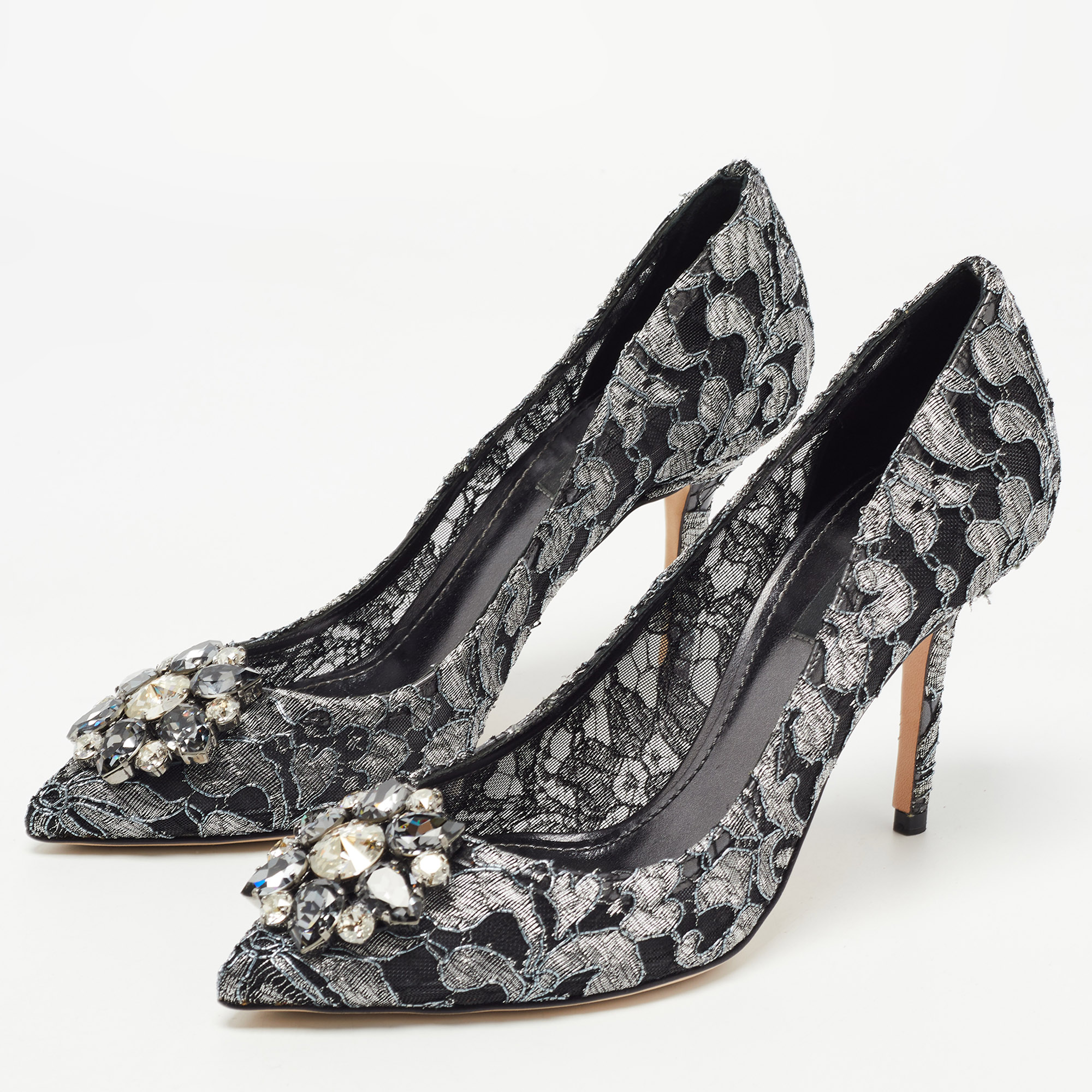

Dolce & Gabbana Metallic Grey/Black Lace Bellucci Pointed Toe Pumps Size