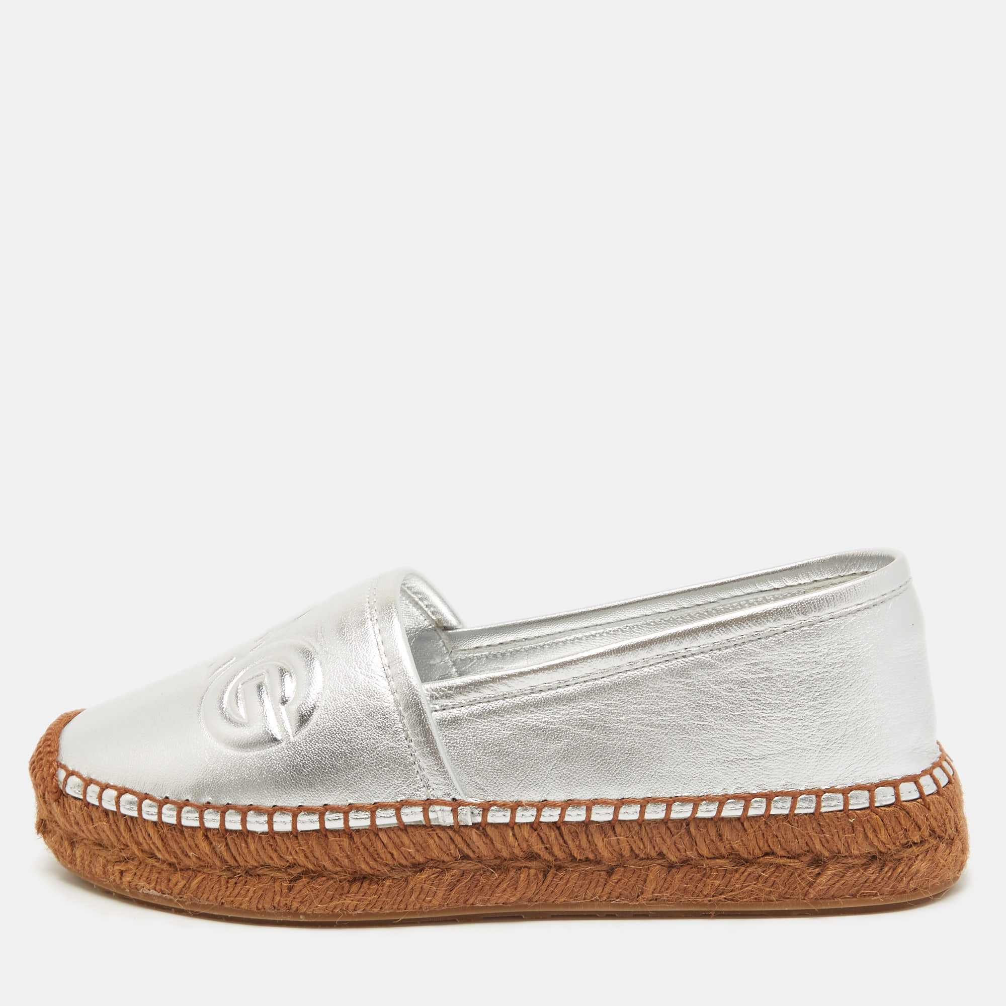 Pre Owned Dolce & Gabbana Silver Leather Espadrille Flats Size 37