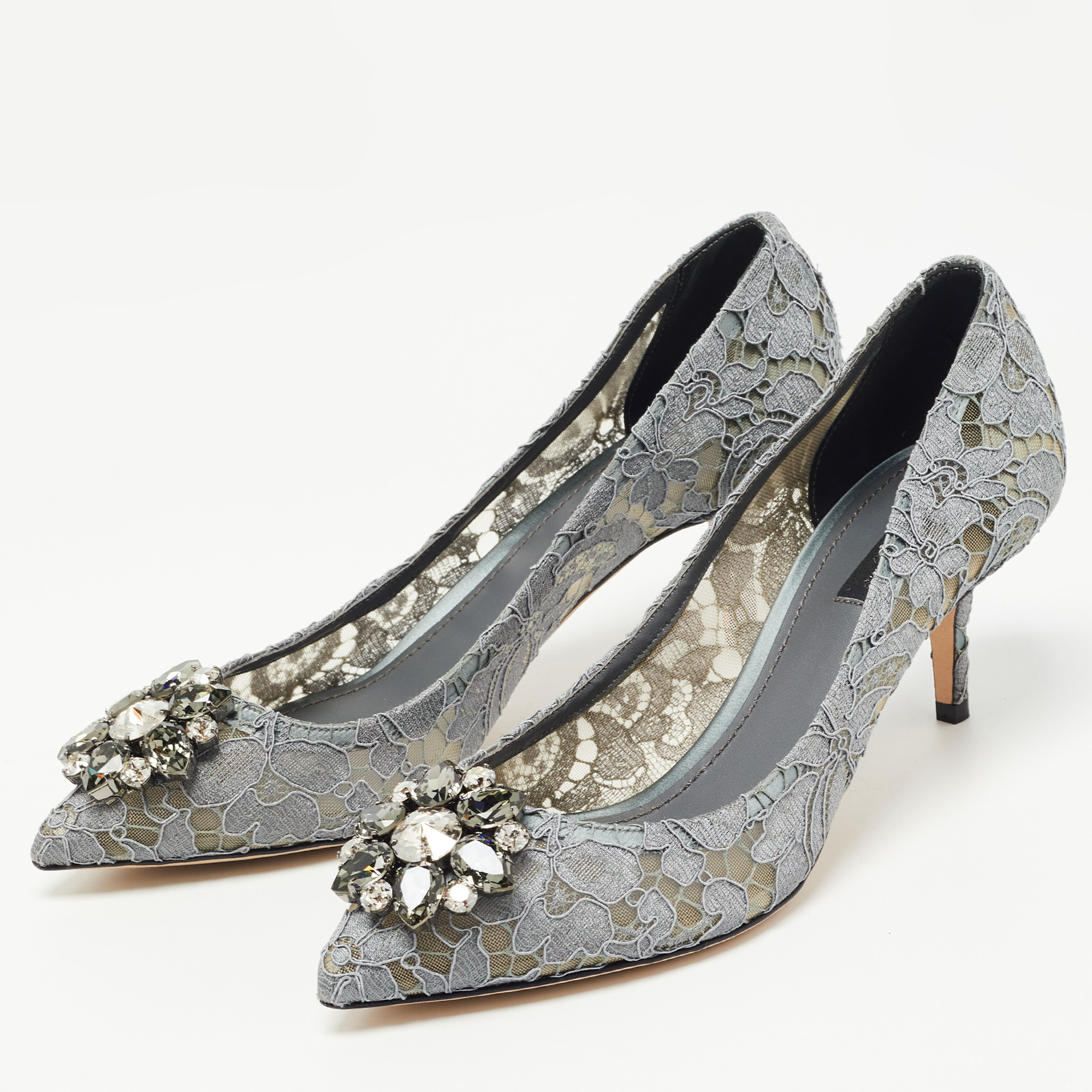 

Dolce & Gabbana Grey Lace and Mesh Bellucci Crystal Embellished Pumps Size