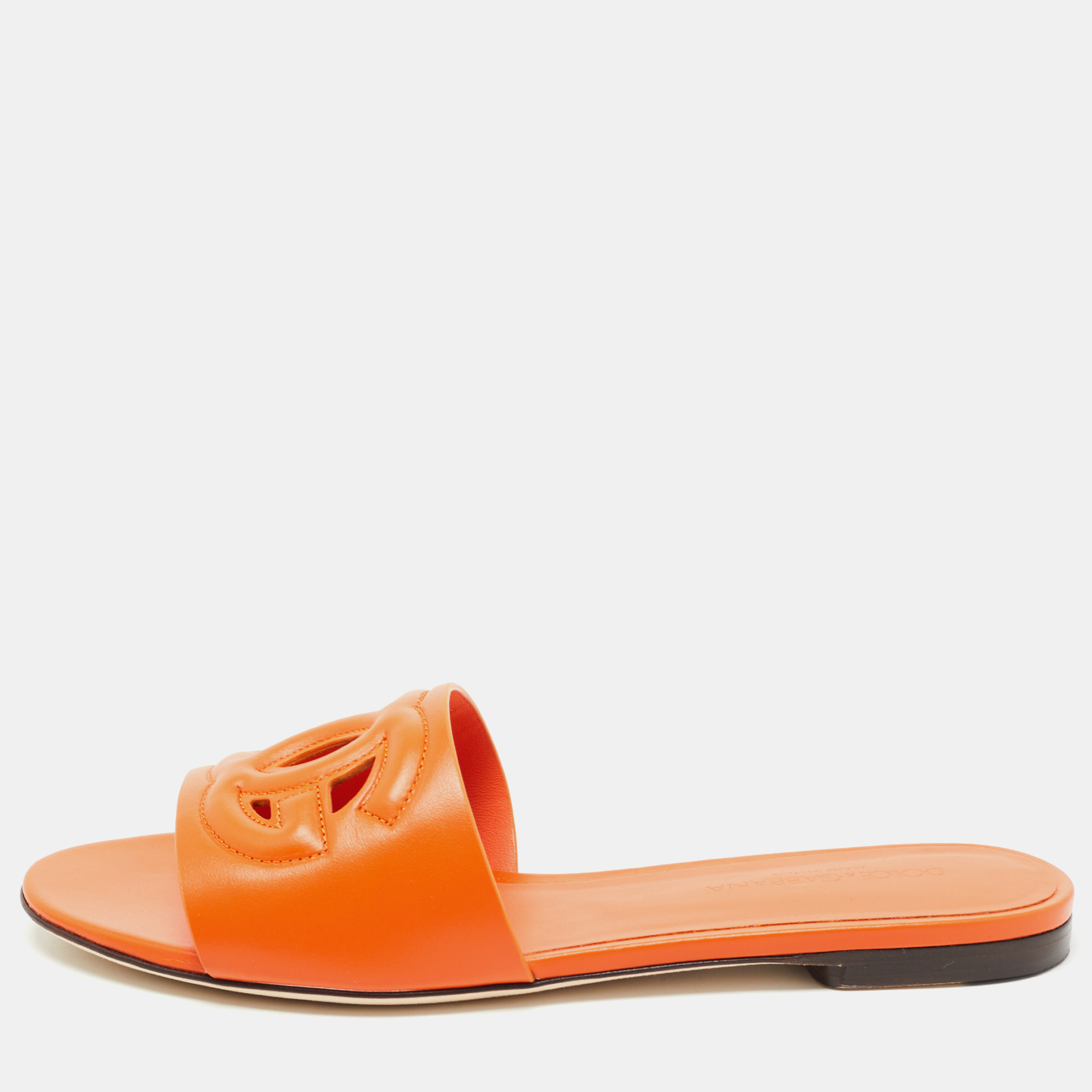 Pre Owned Dolce & Gabbana Orange Leather DG Cut Out Logo Flat Slides Size 37