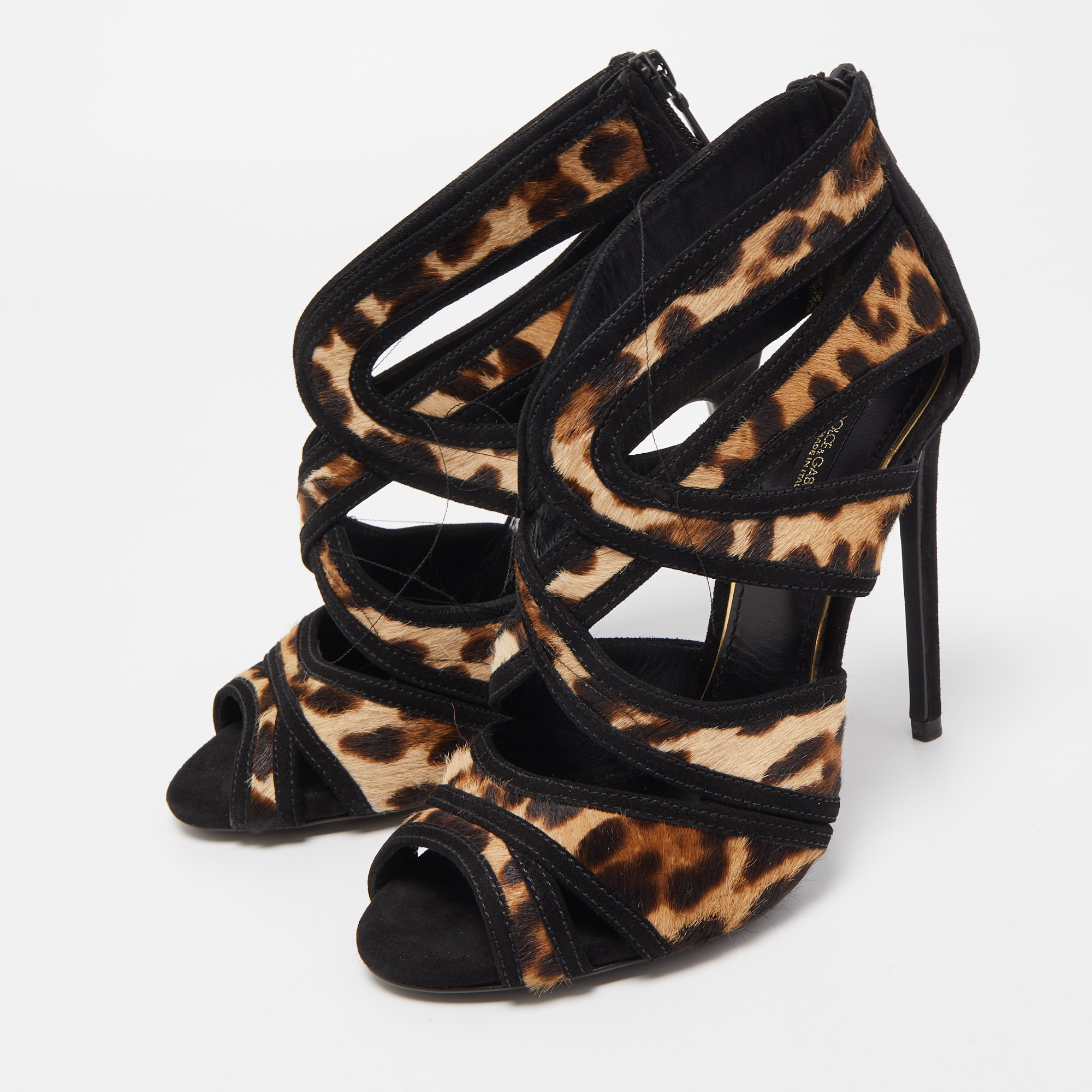 

Dolce & Gabbana Black/Brown Leopard Print Calf Hair and Suede Strappy Ankle Sandals Size