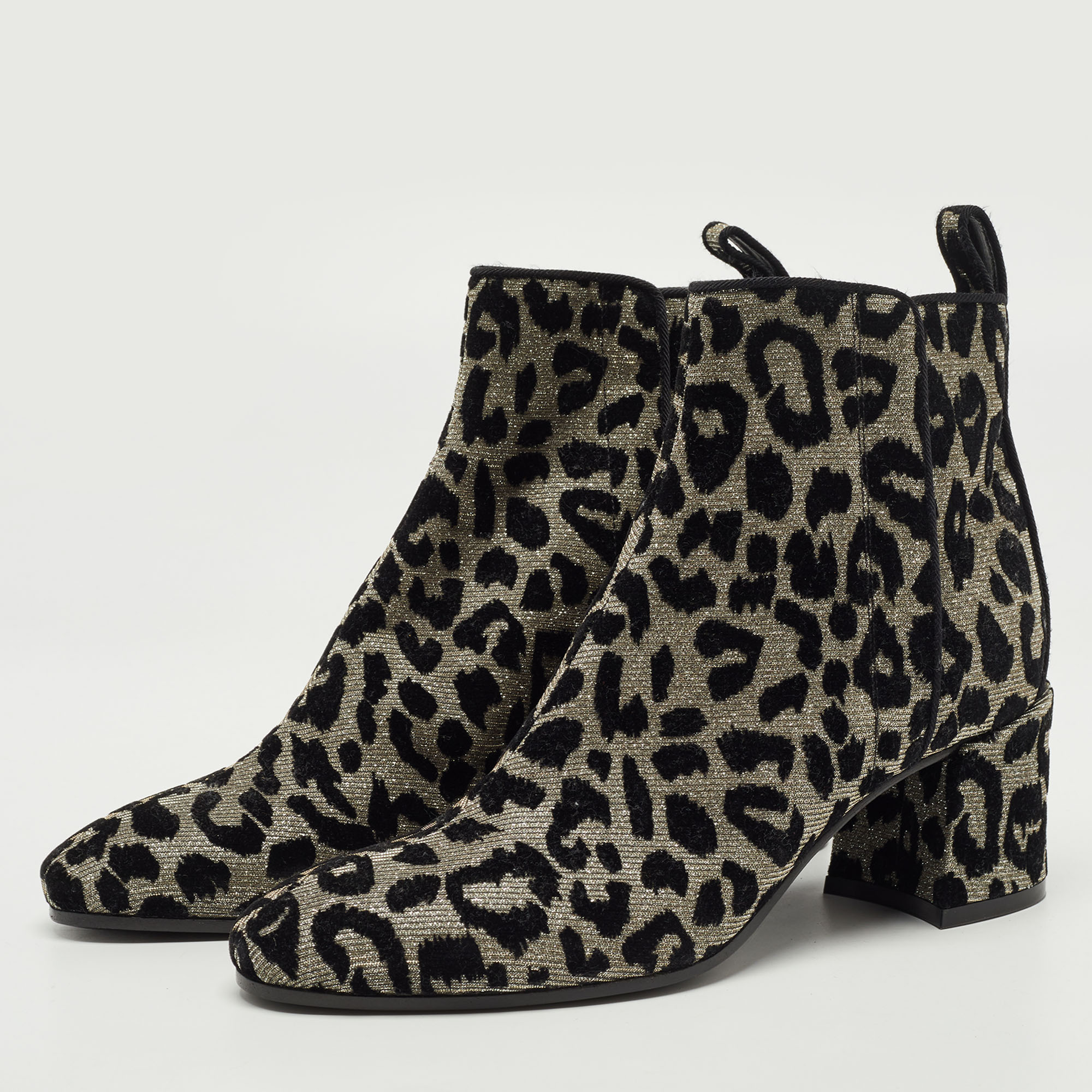 

Dolce & Gabbana Metallic Black/Gold Lurex Fabric and Glitter Leopard Print Ankle Boots Size