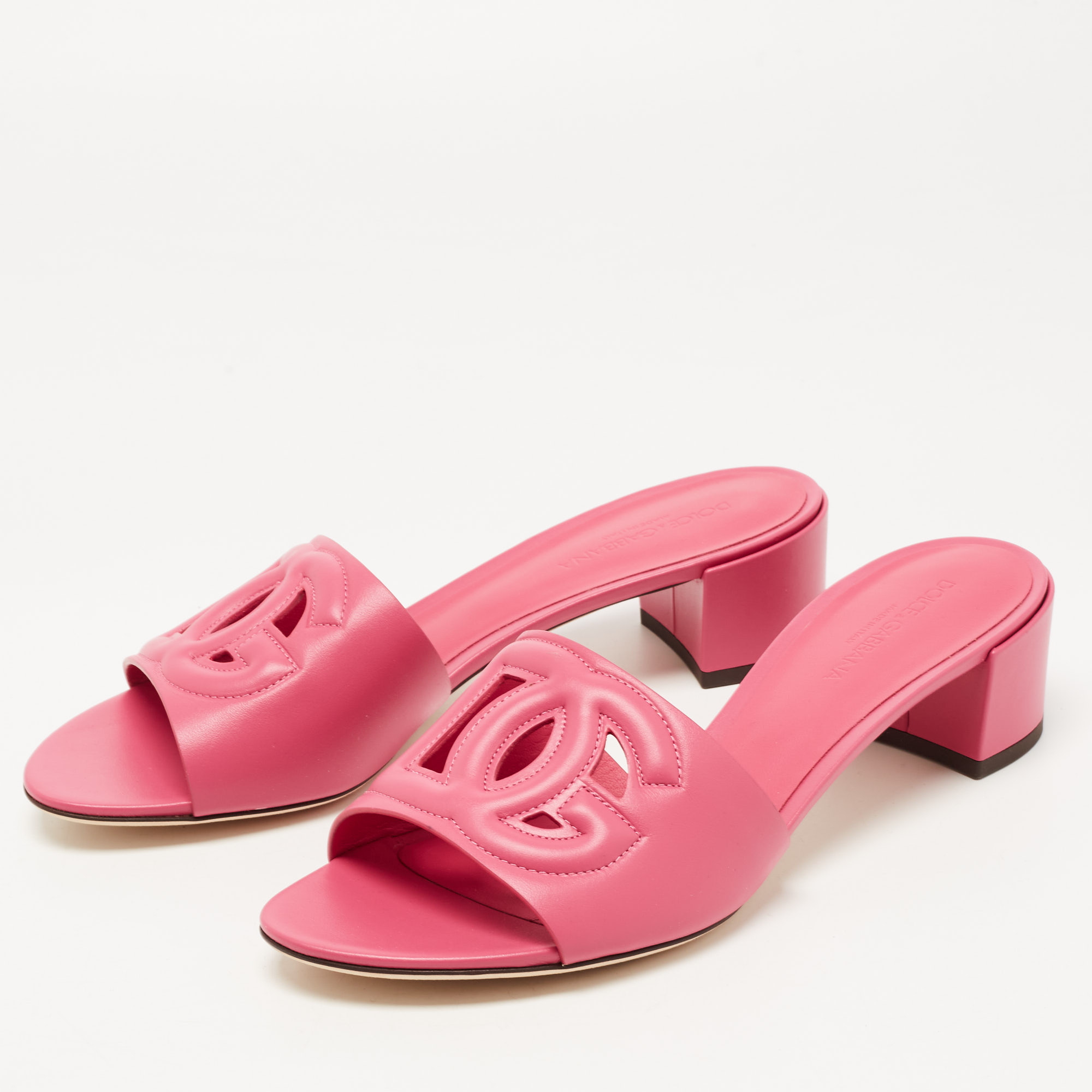 

Dolce & Gabbana Pink Leather DG Logo Cutout Slide Sandals Size