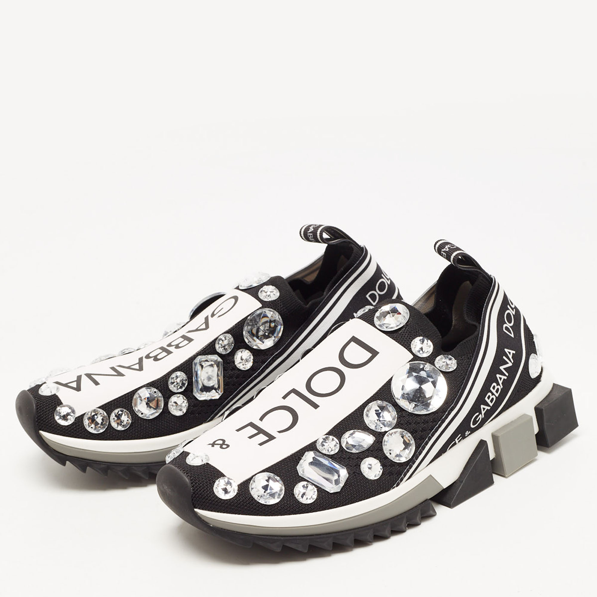 

Dolce & Gabbana Black/White Knit Fabric Sorrento Crystals Sneakers Size