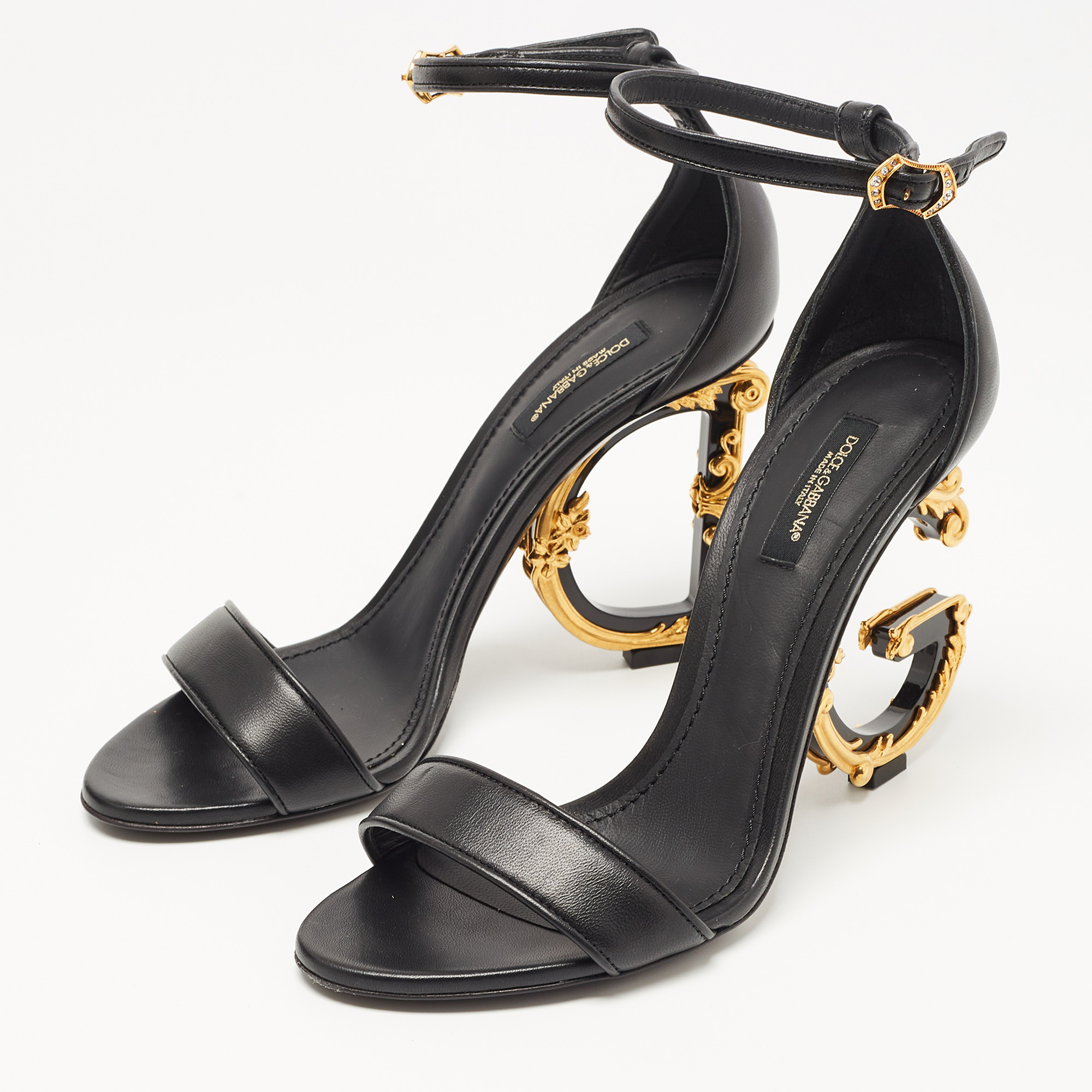 

Dolce & Gabbana Black Leather Keira DG Heel Ankle Strap Sandals Size