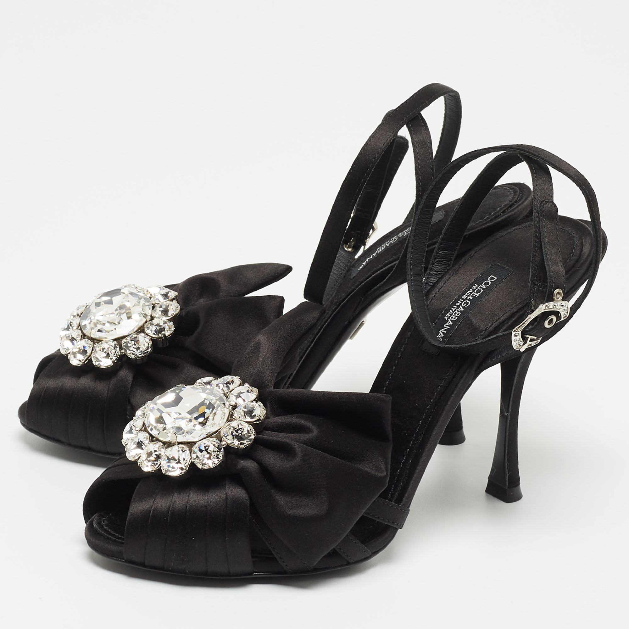 

Dolce & Gabbana Black Pleated Satin Crystal Embellished Ankle Strap Sandals Size