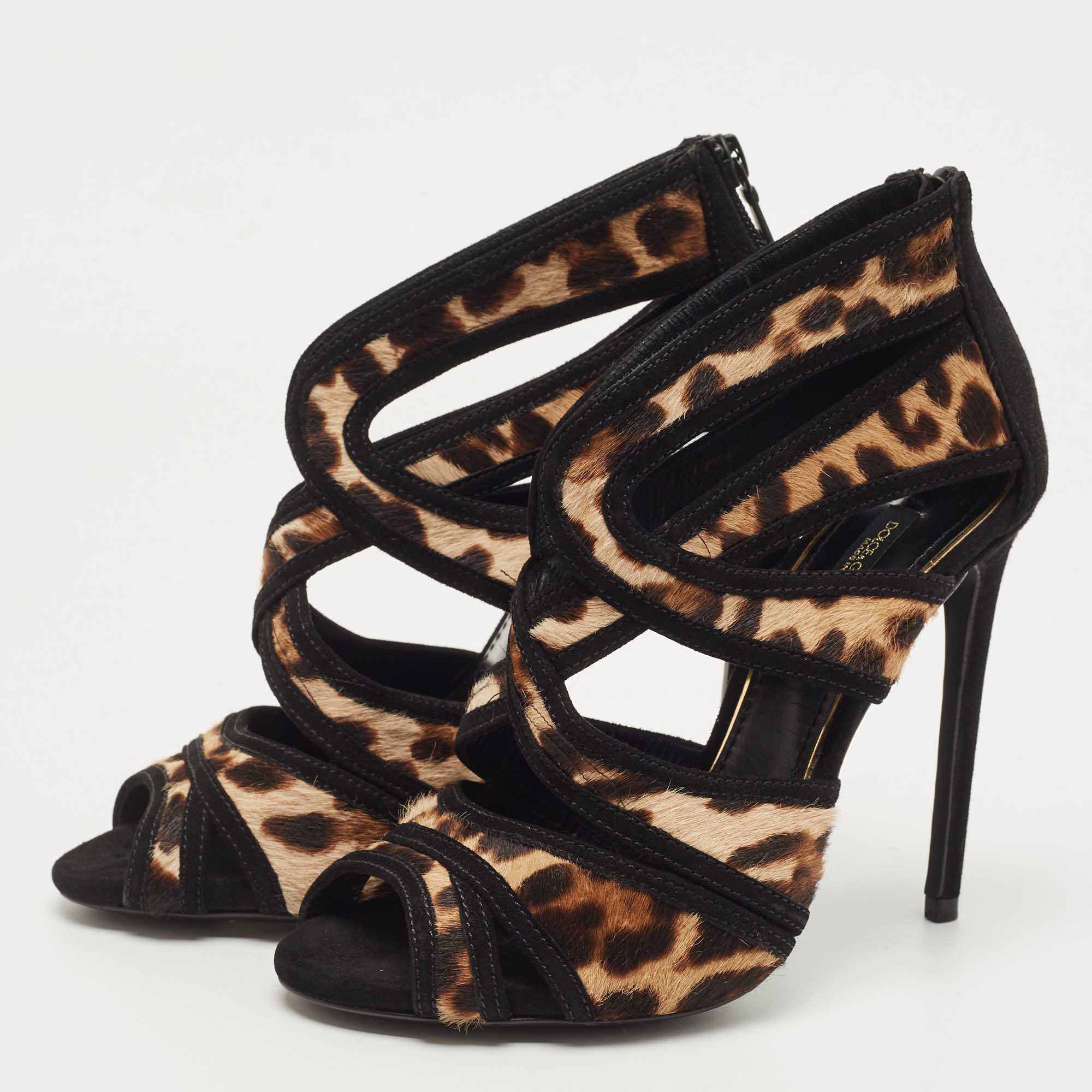 

Dolce & Gabbana Brown/Beige Leopard Print Calf Hair and Suede Strappy Ankle Sandals Size, Black