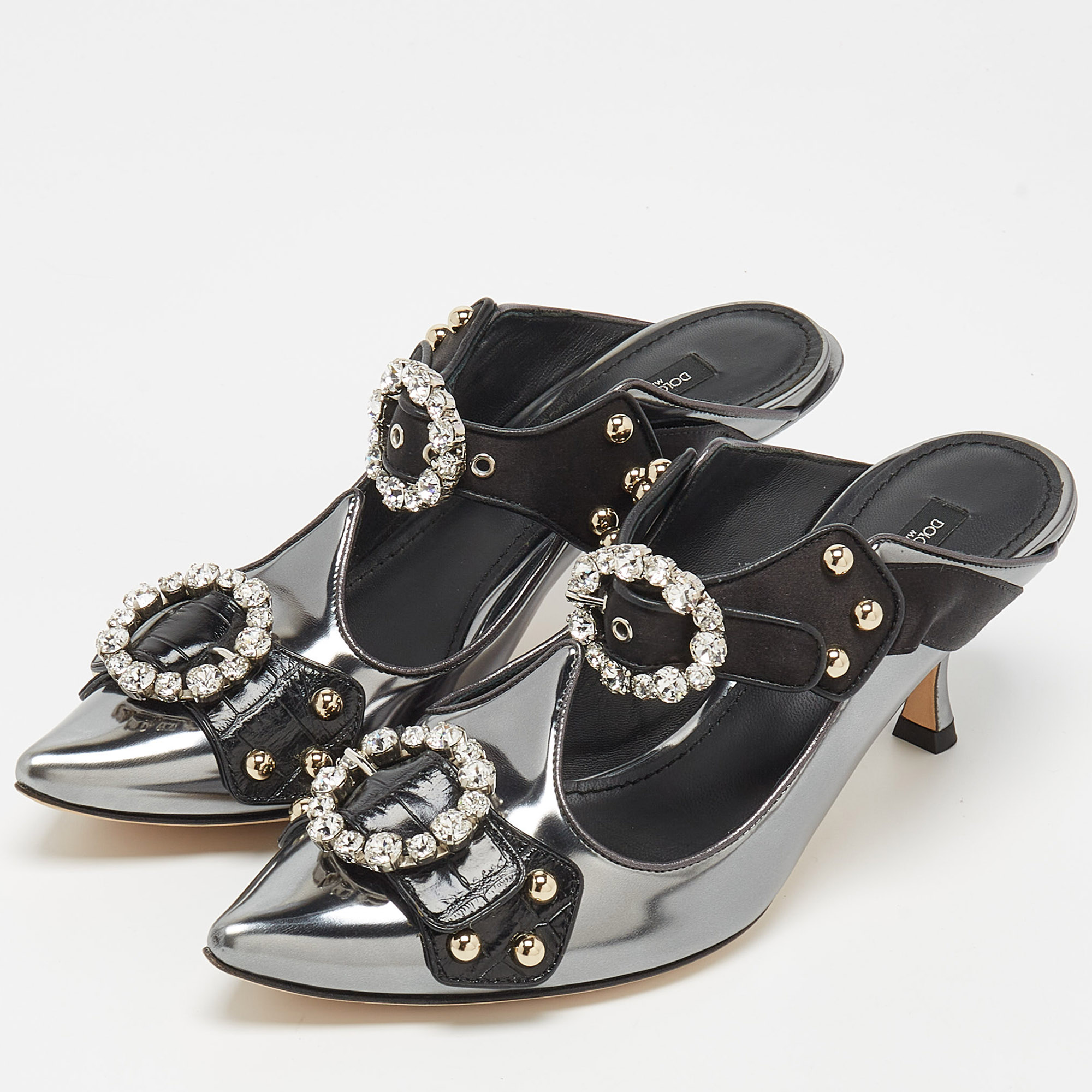 

Dolce & Gabbana Metallic Silver/Black Leather Crystal Embellished Cutout Detail Mules Size