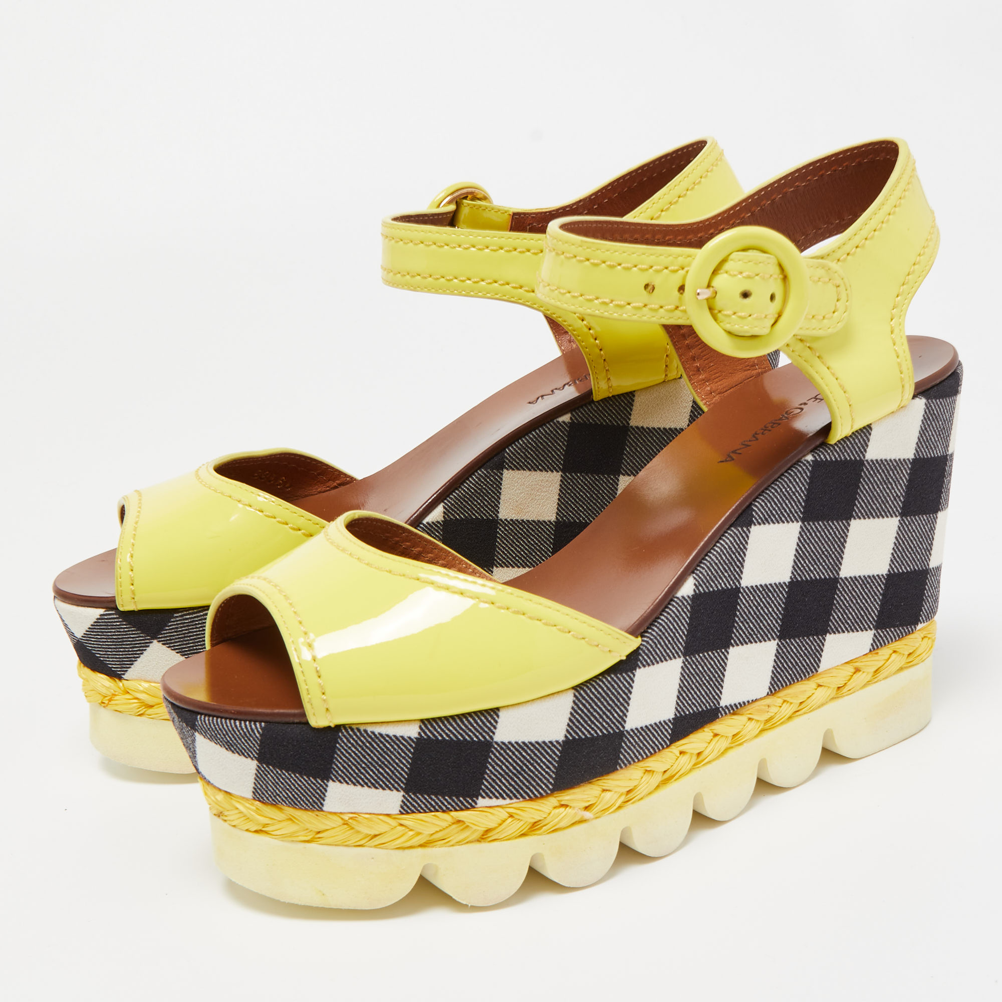 

Dolce & Gabbana Yellow Patent Leather Checked Wedge Sandals Size