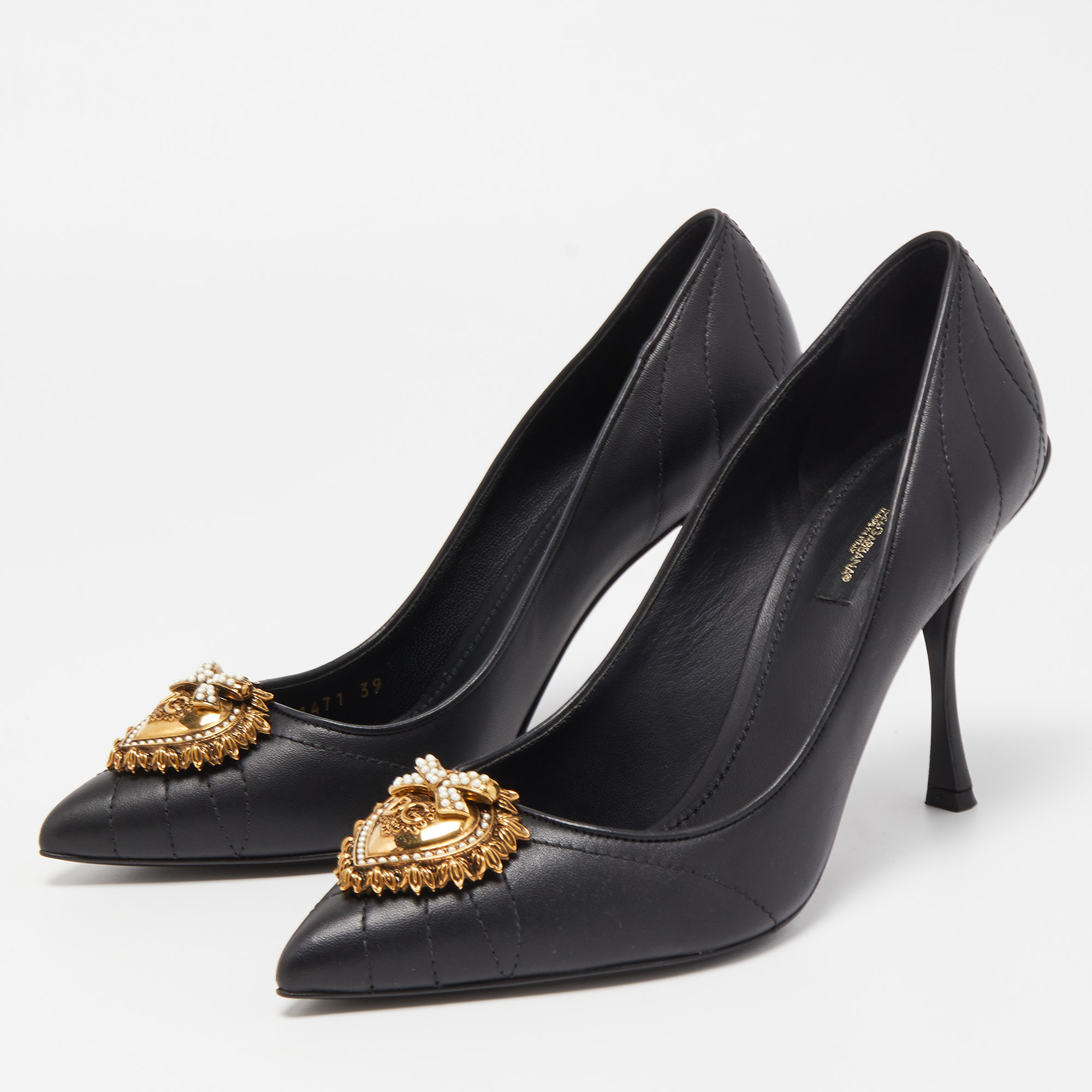 

Dolce & Gabbana Black Leather Devotion Embellished Pointed Toe Pumps Size