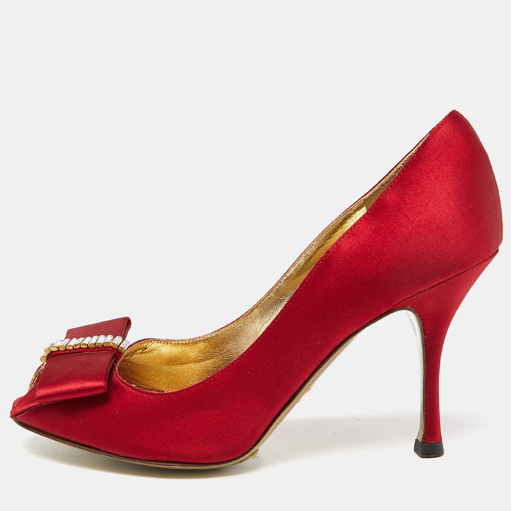 Pre-owned Dolce & Gabbana Red Satin Crystal Embellished Bow Peep Toe Pumps Size 37
