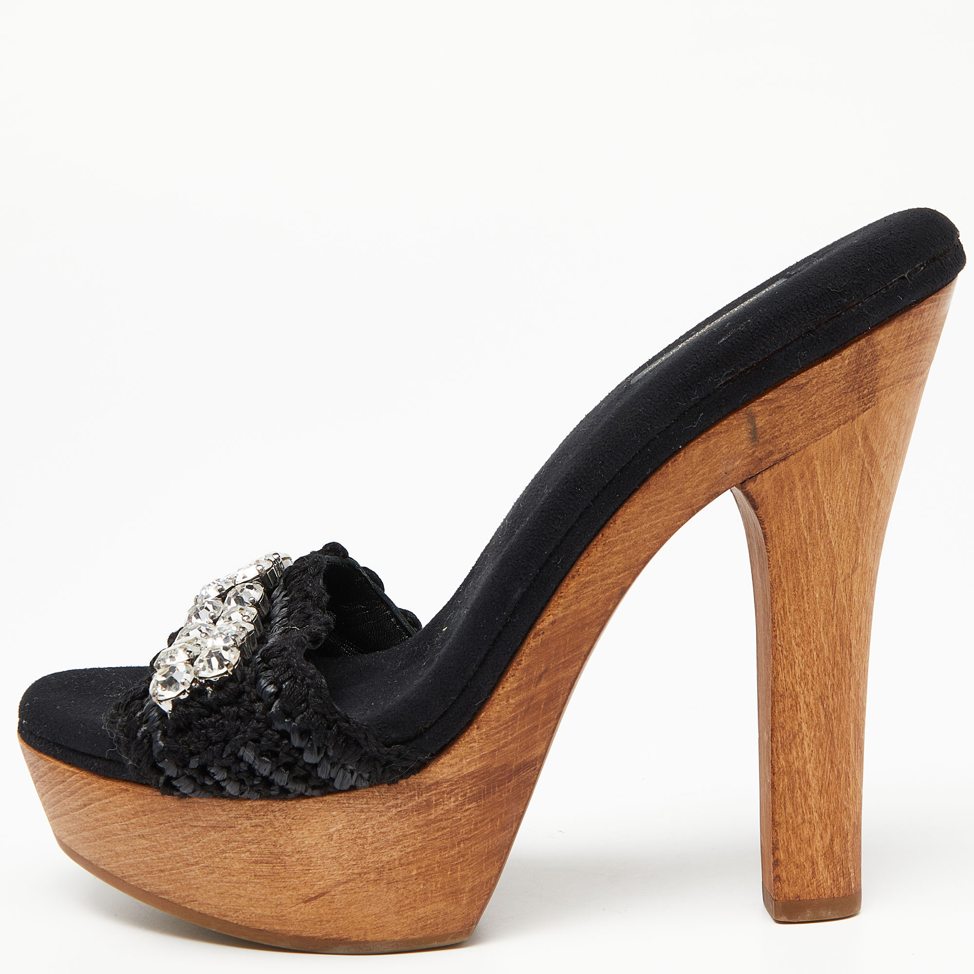 Pre-owned Dolce & Gabbana Black Woven Raffia And Fabric Crystal Embellished Platform Slide Sandals Size 38