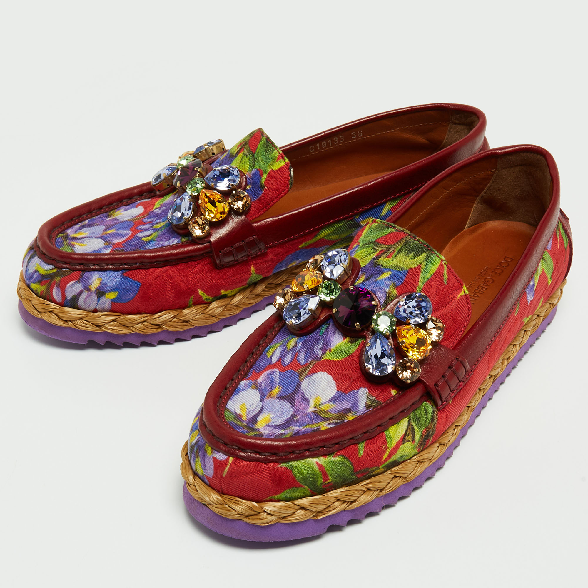 

Dolce & Gabbana Multicolor Brocade Fabric and Leather Crystal Embellished Loafers Size