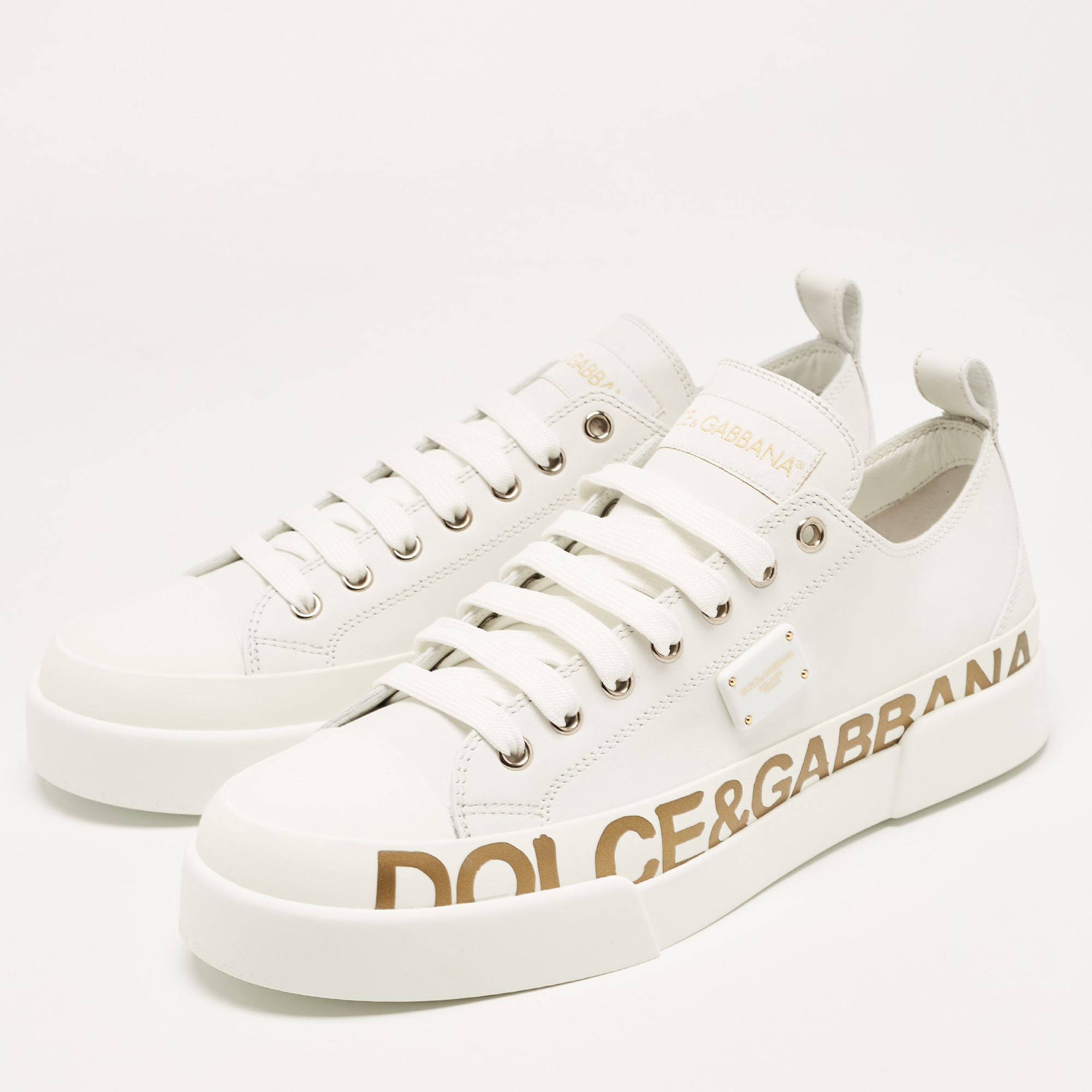 

Dolce & Gabbana White/Gold Leather Portofino Sneakers Size
