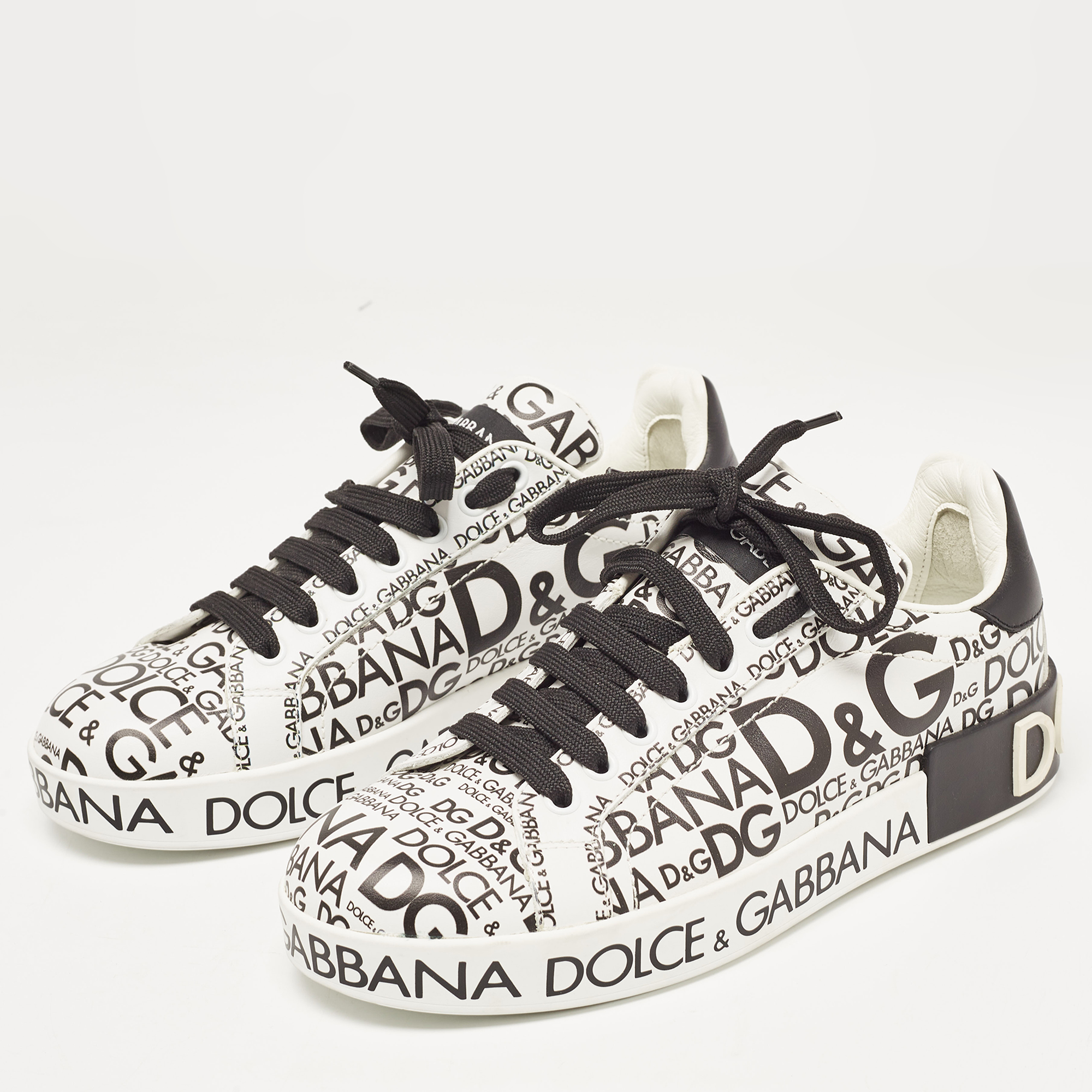 

Dolce & Gabbana White/Black Leather Logo Print Portofino Low Top Sneakers Size