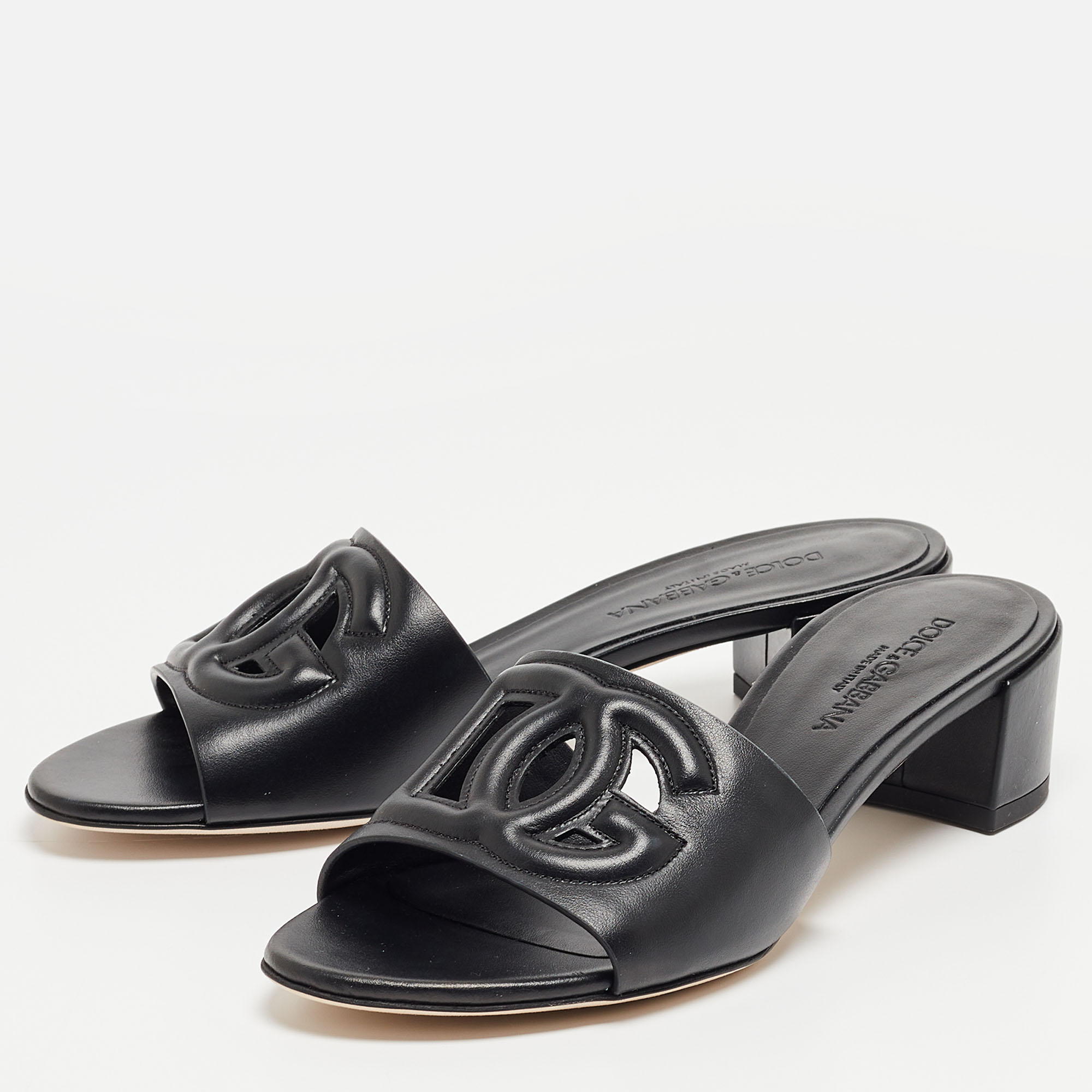

Dolce & Gabbana Black Leather DG Cut Out Slide Sandals Size