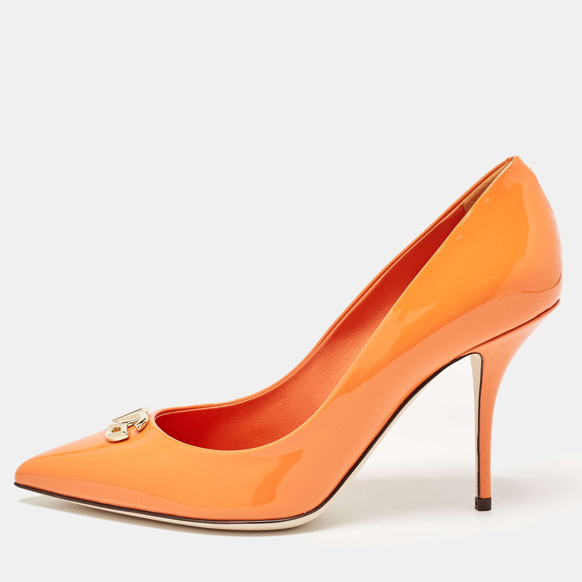 

Dolce & Gabbana Orange Patent Leather DG Buckle Pumps Size