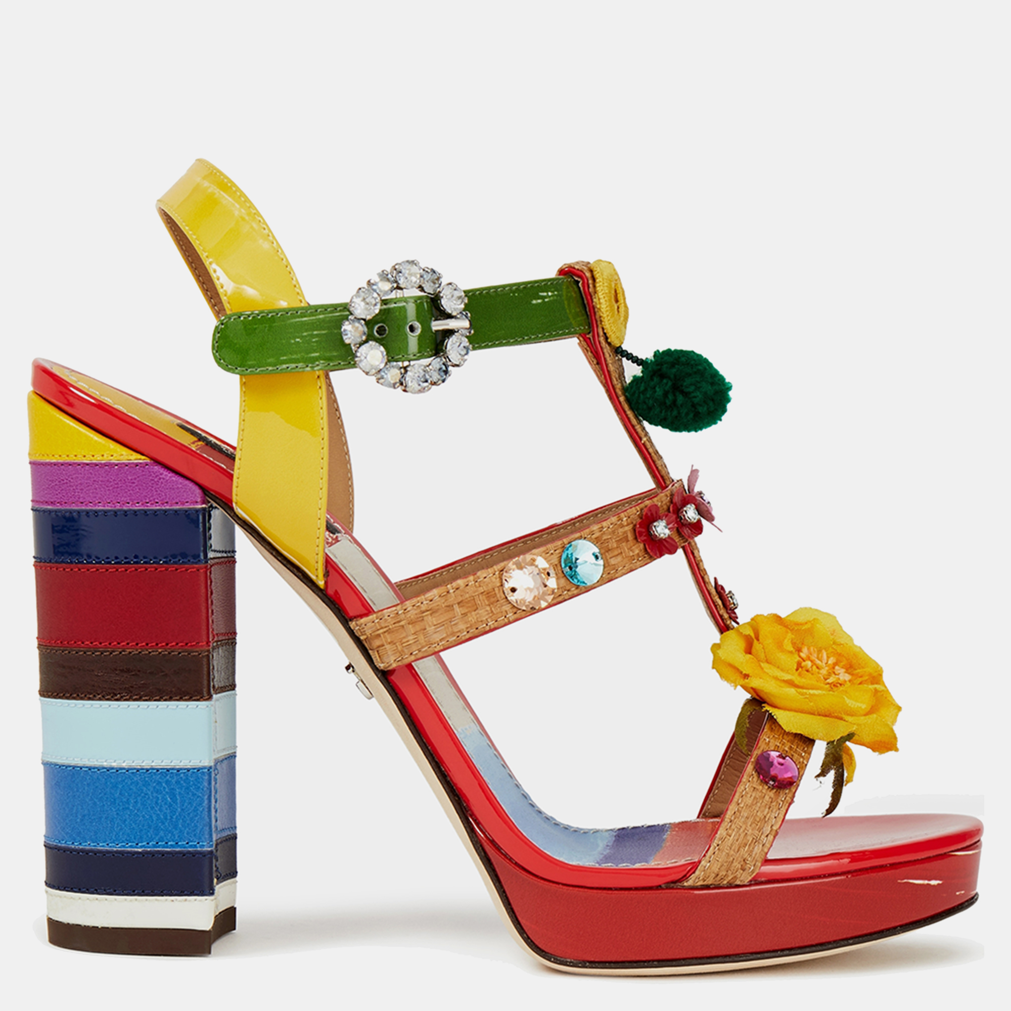 Pre-owned Dolce & Gabbana Multicolor Patent Leather Embellished Block Heel Sandals 37