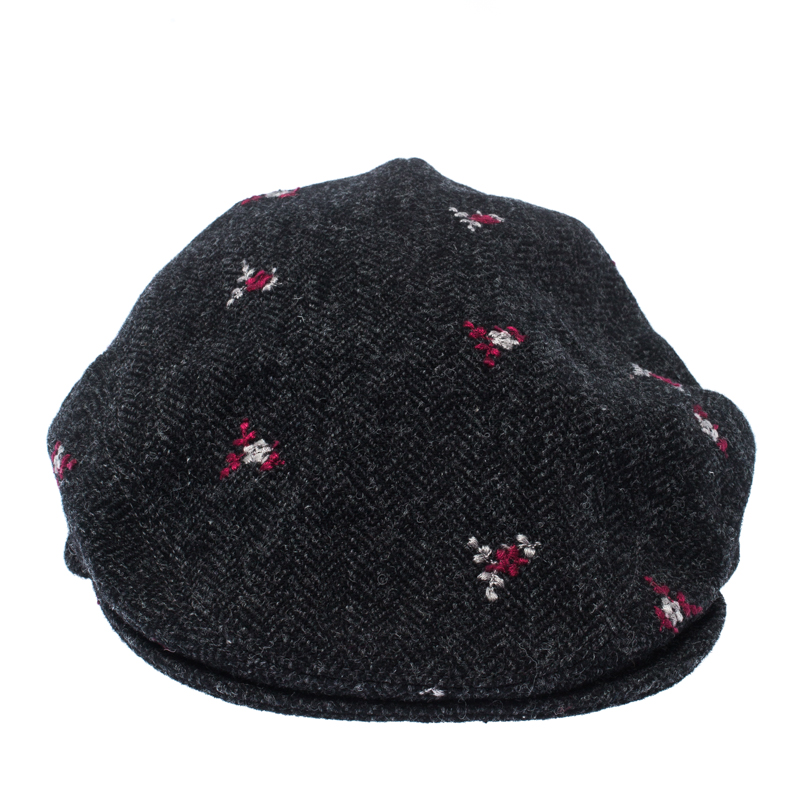 

Dolce & Gabbana Grey Floral Embroidered Tweed Flat Cap