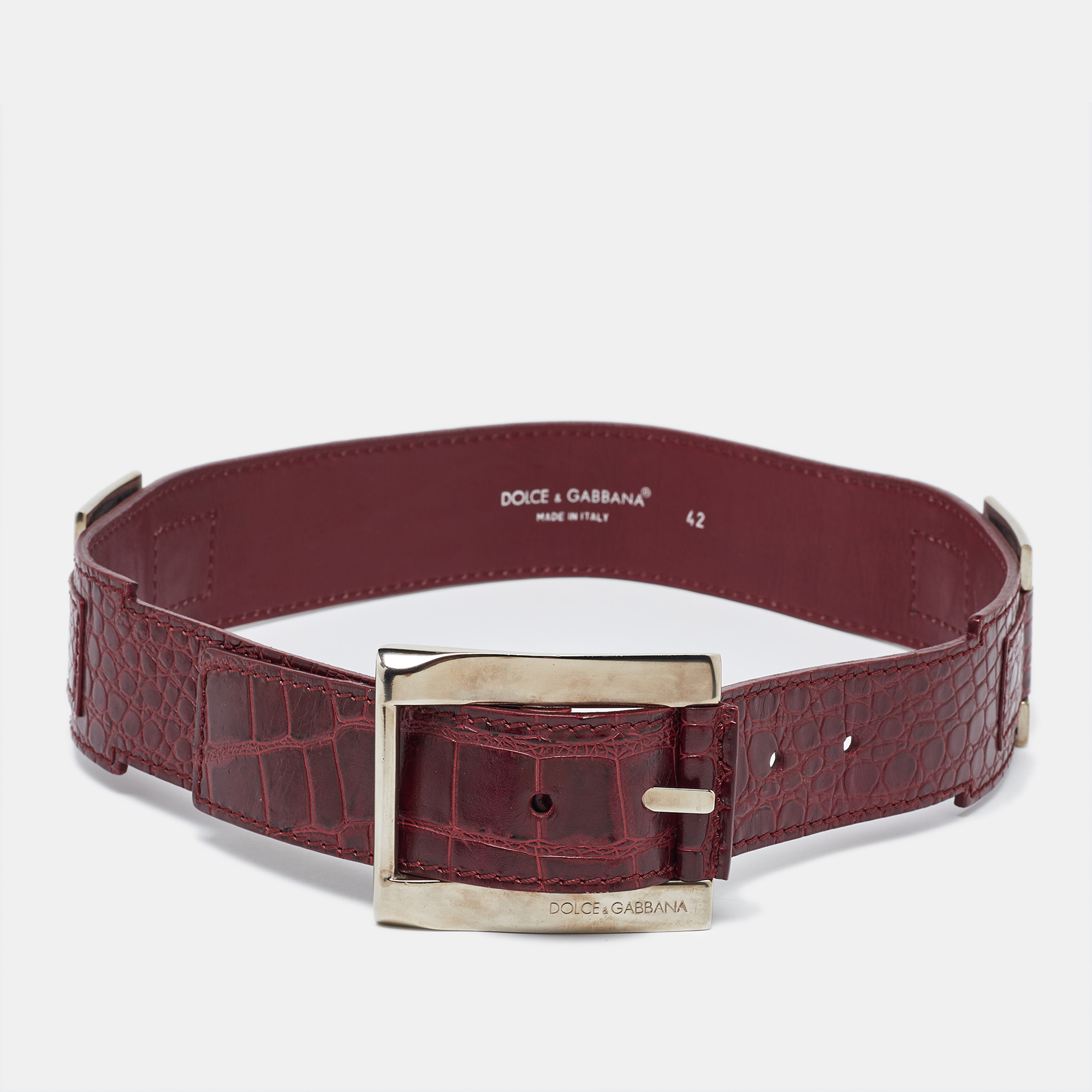 

Dolce & Gabbana Red Croc Embossed Leather Buckle Belt, Burgundy