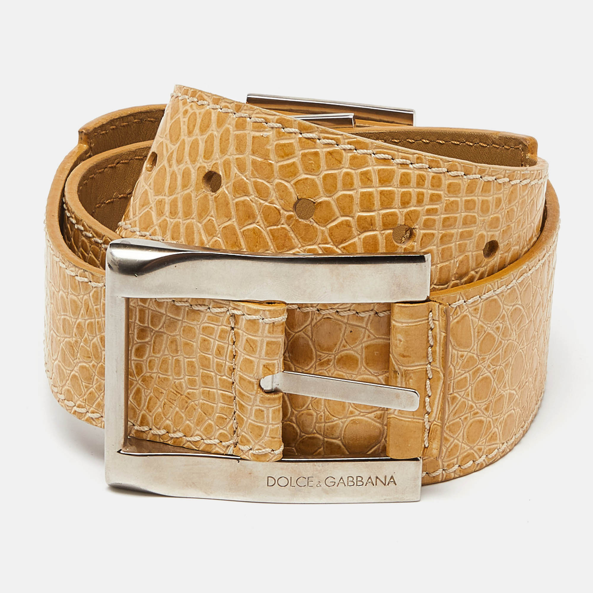 

Dolce & Gabbana Cream Croc Embossed Leather Buckle Belt