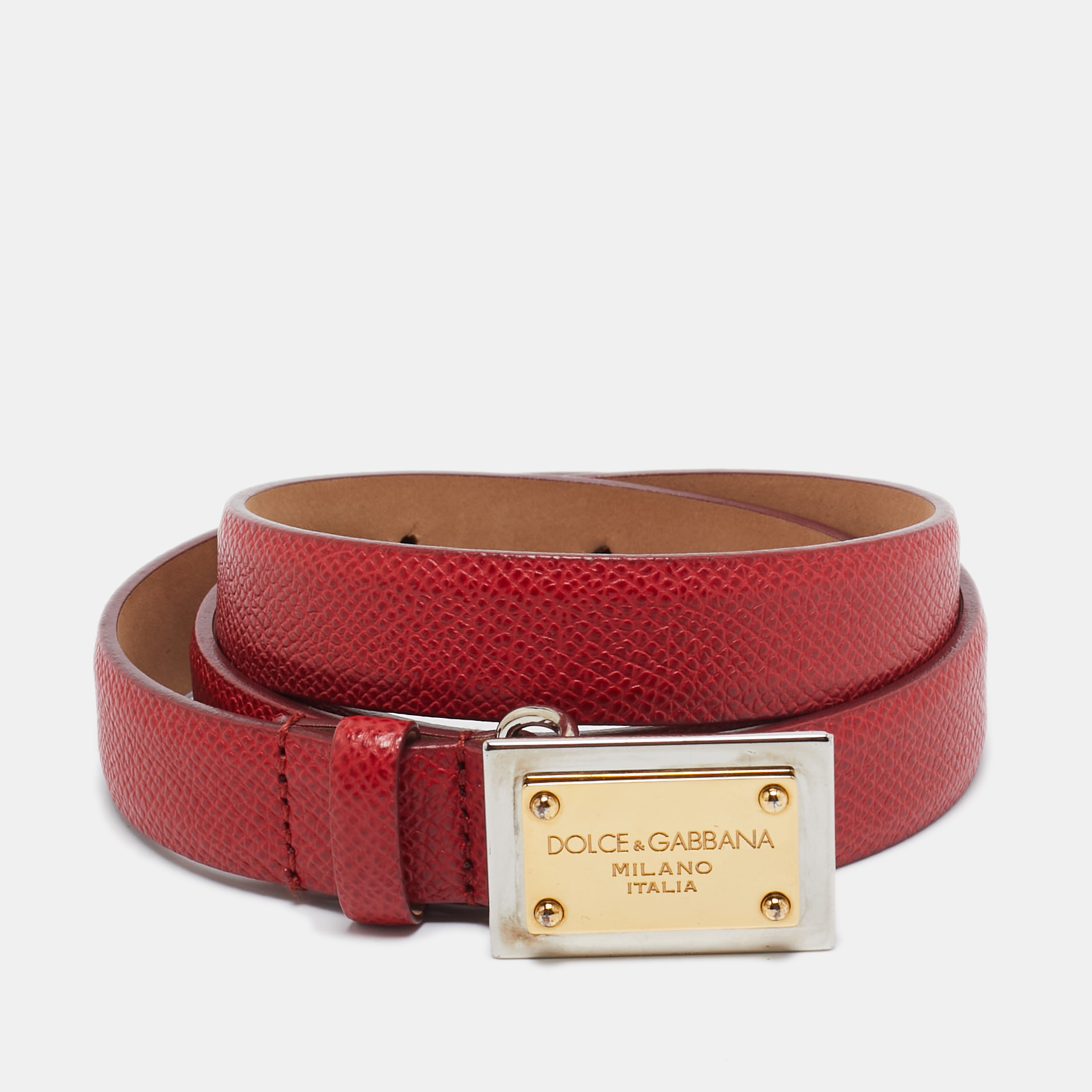 

Dolce & Gabbana Red Leather Logo Plaque Slim Belt