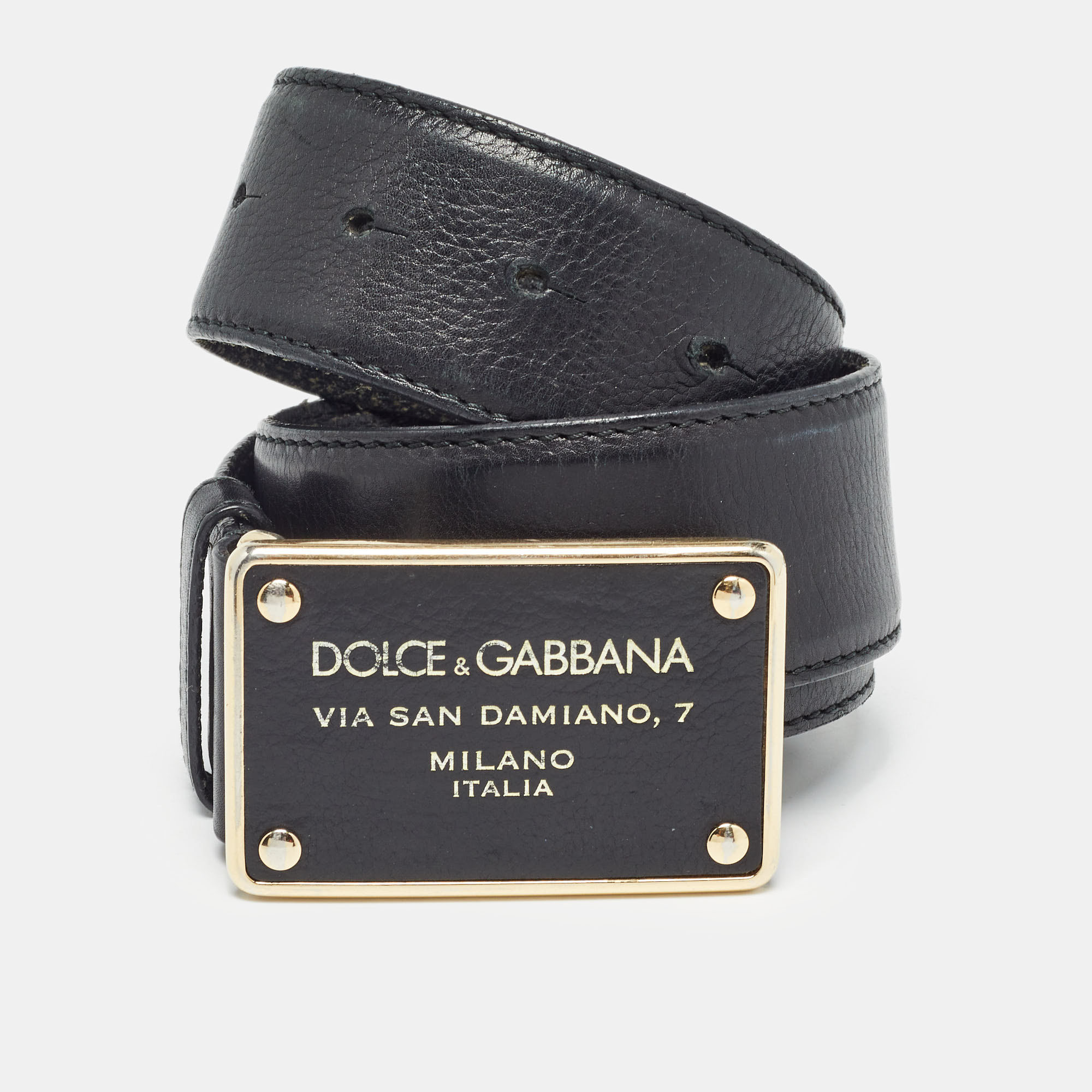 

Dolce & Gabbana Black Leather Logo Plaque Buckle Belt