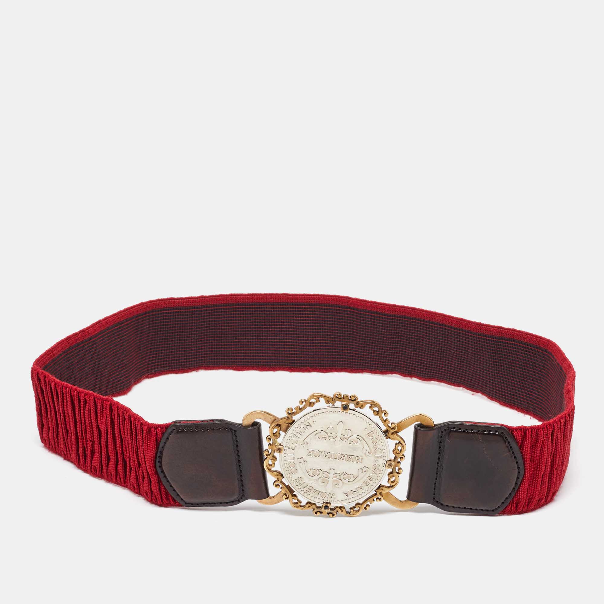 Pre-owned Dolce & Gabbana Red Elastic Gaufre Heritage Buckle Belt 70cm