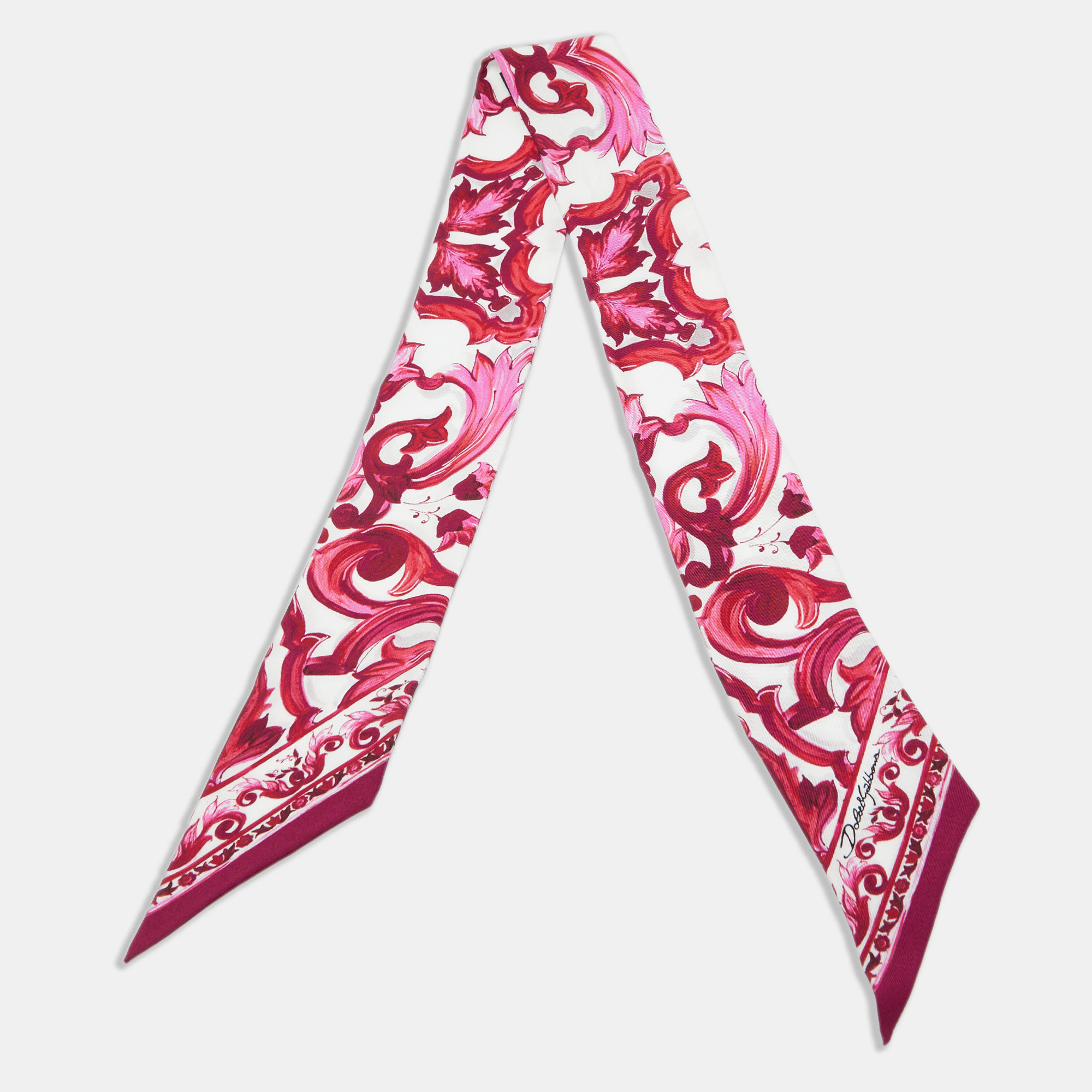 

Dolce & Gabbana Pink/White Majolica Print Silk Bandeau Head Scarf