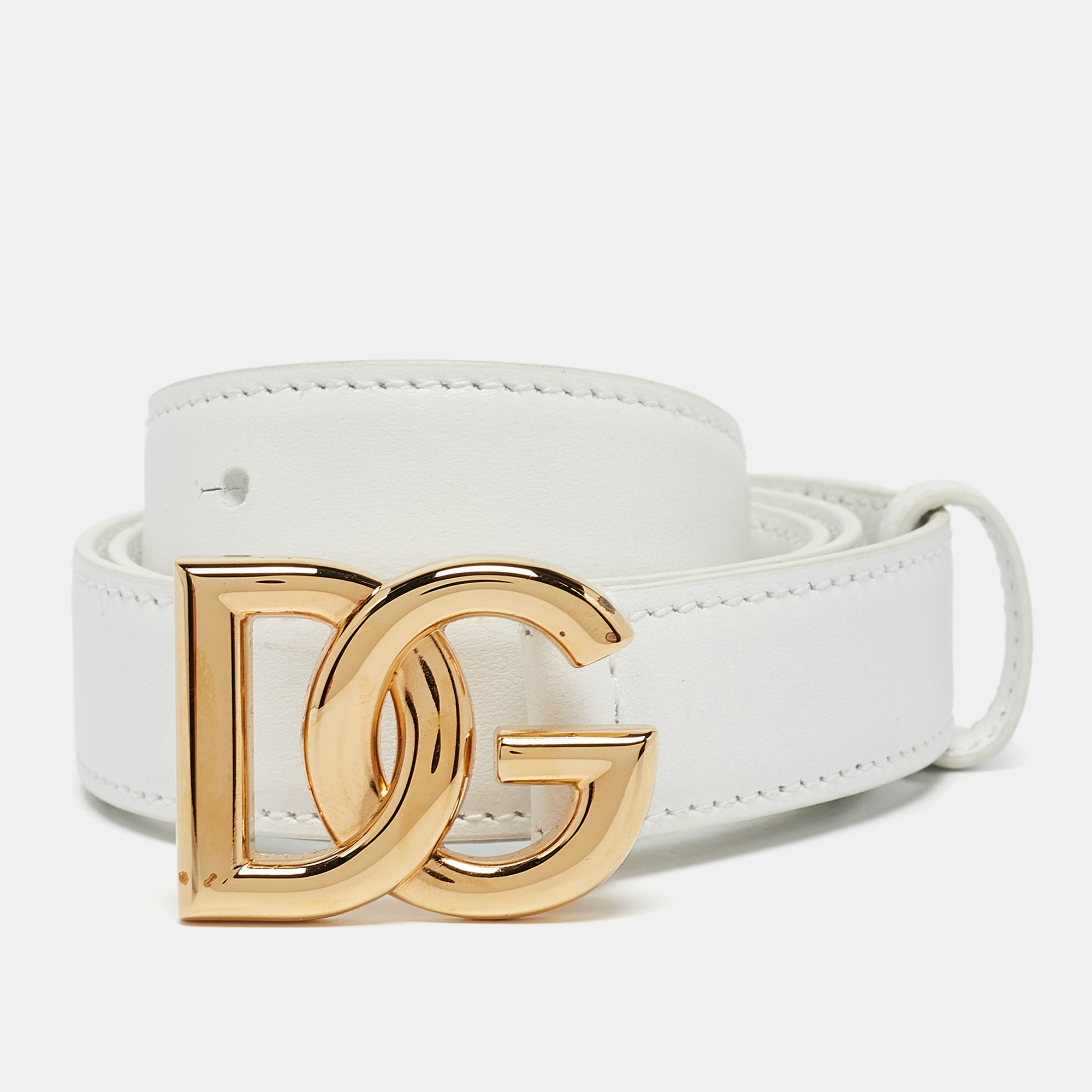 

Dolce & Gabbana White Leather DG Logo Slim Belt 70CM