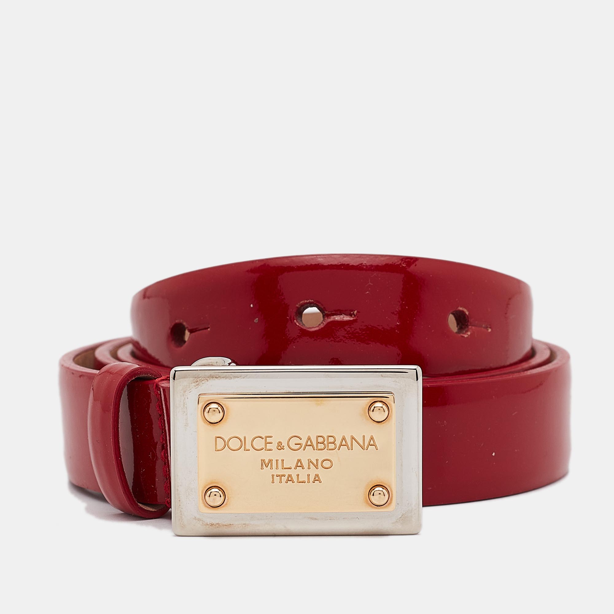 

Dolce & Gabbana Red Patent Leather Logo Plaque Belt