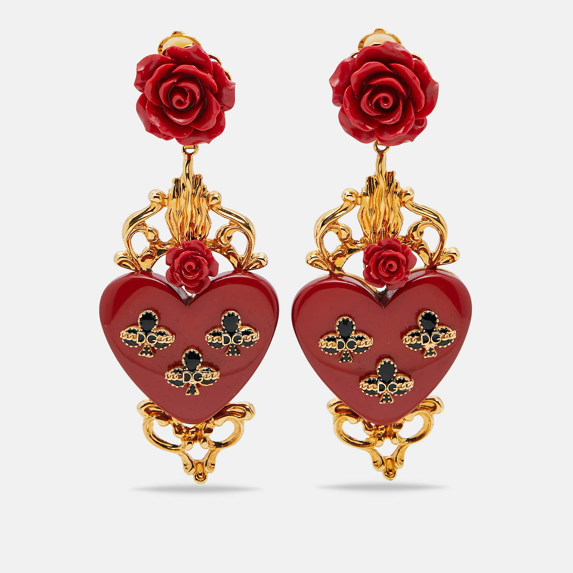 

Dolce & Gabbana Fleur de Lis Heart Resin Enamel Gold Tone Long Earrings