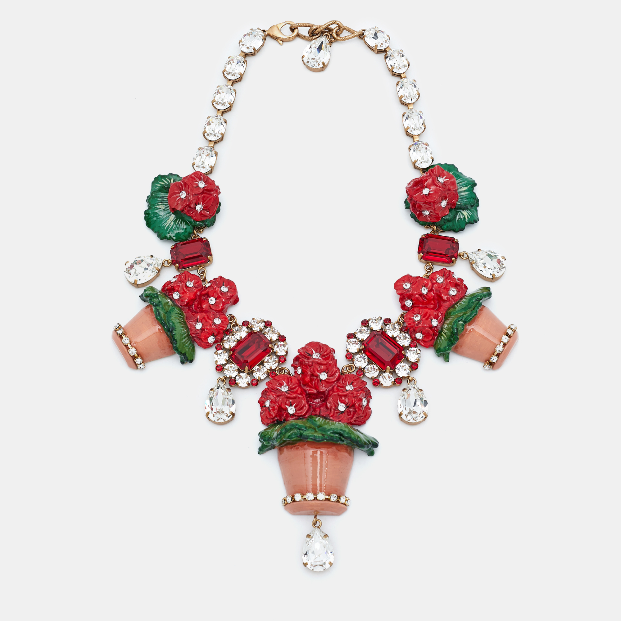 

Dolce & Gabbana Crystal Geranium Pot Flower Necklace Chocker Gold Tone Red Green Necklace