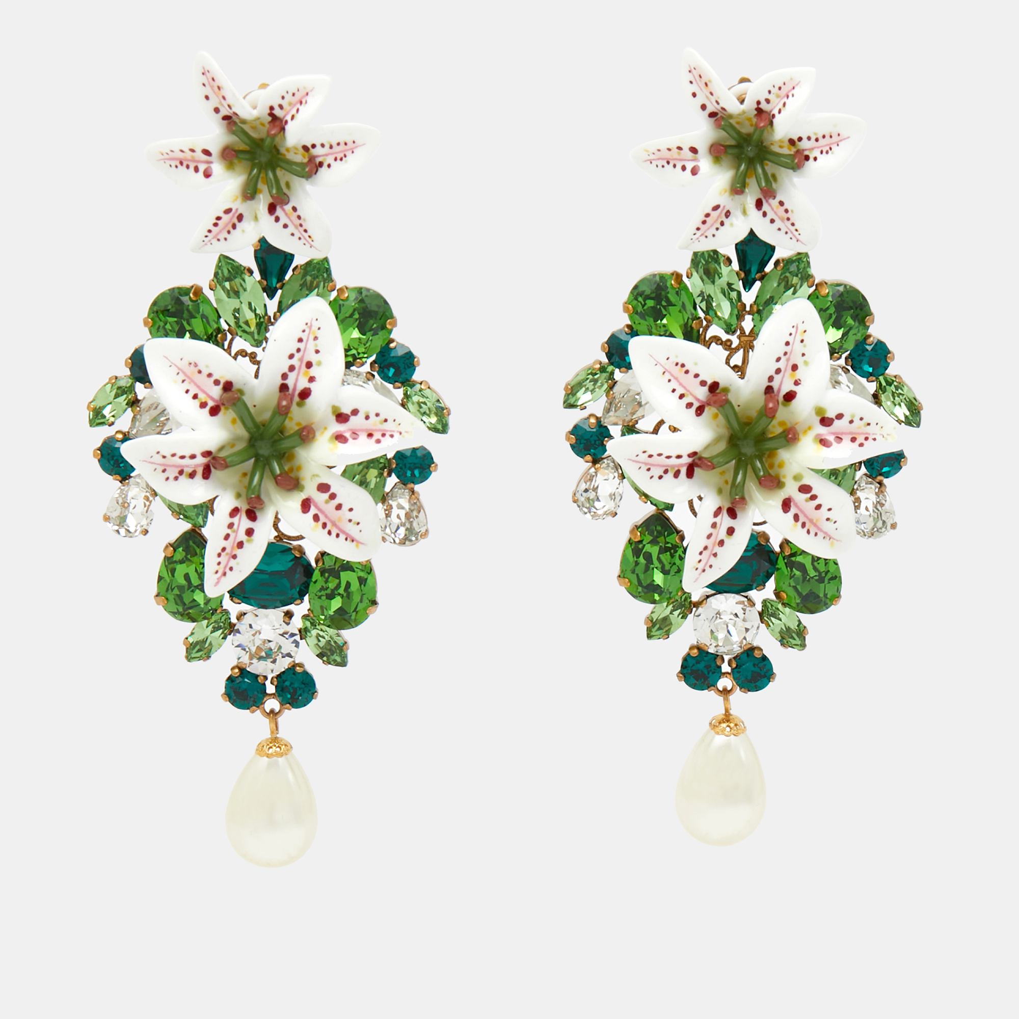 

Dolce & Gabbana Crystal Faux Pearl Resin Lily Gold Tone Earrings