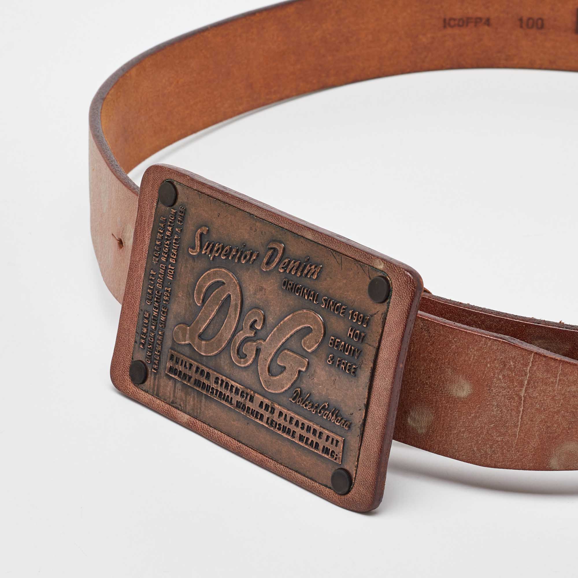 Dolce & Gabbana Brown Leather Vintage Logo Plaque Belt 100CM 