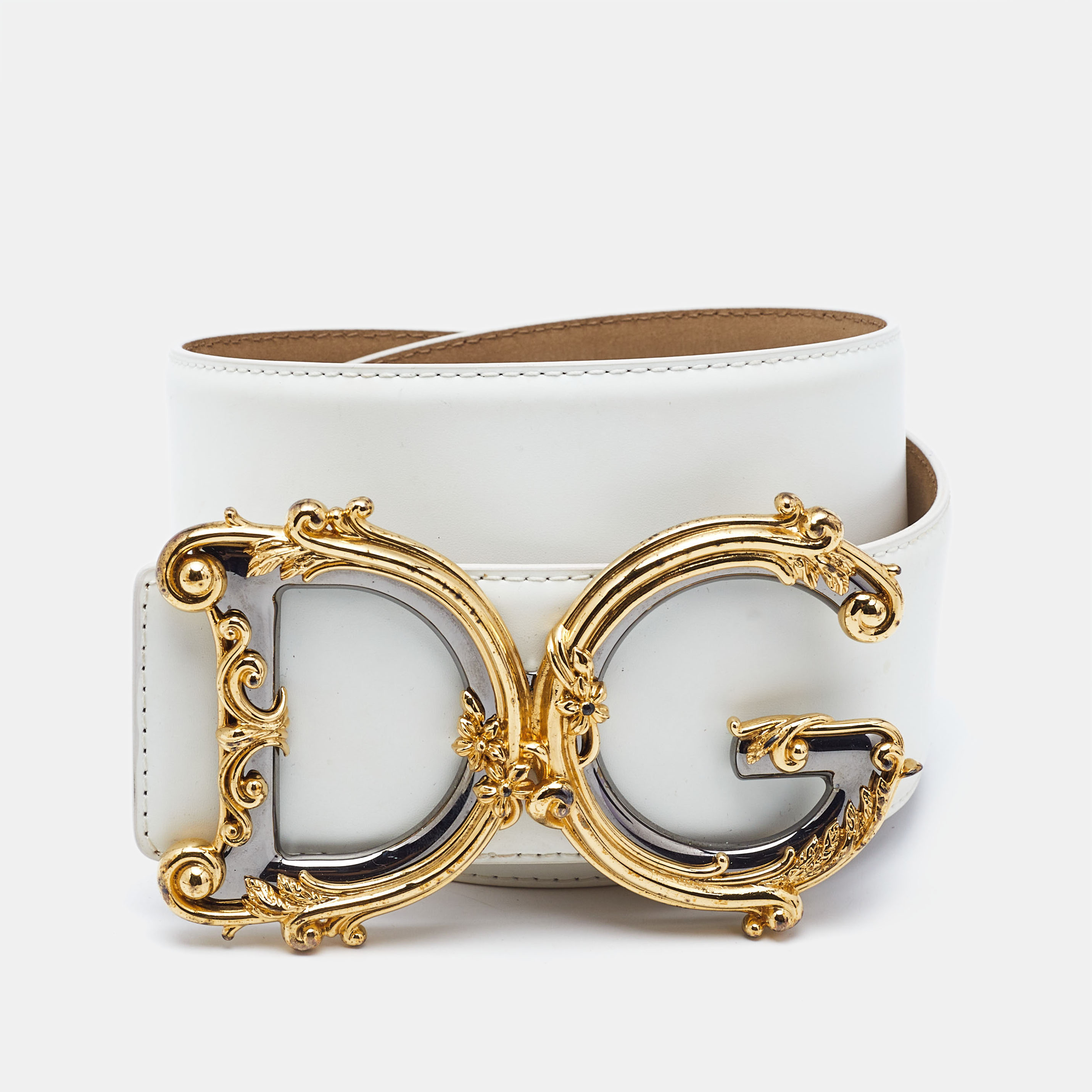 

Dolce & Gabbana White Leather DG Baroque Buckle Belt 85CM