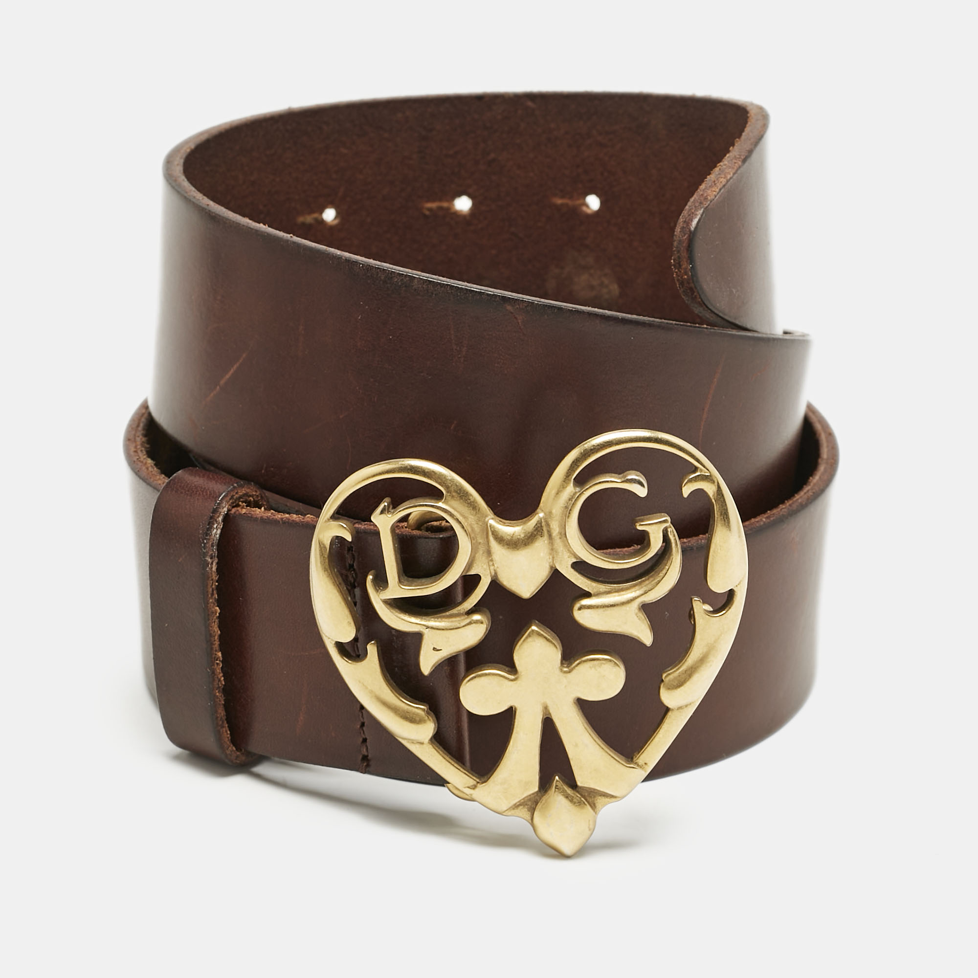 

Dolce and Gabbana Brown Leather DG Heart Buckle Belt 85CM
