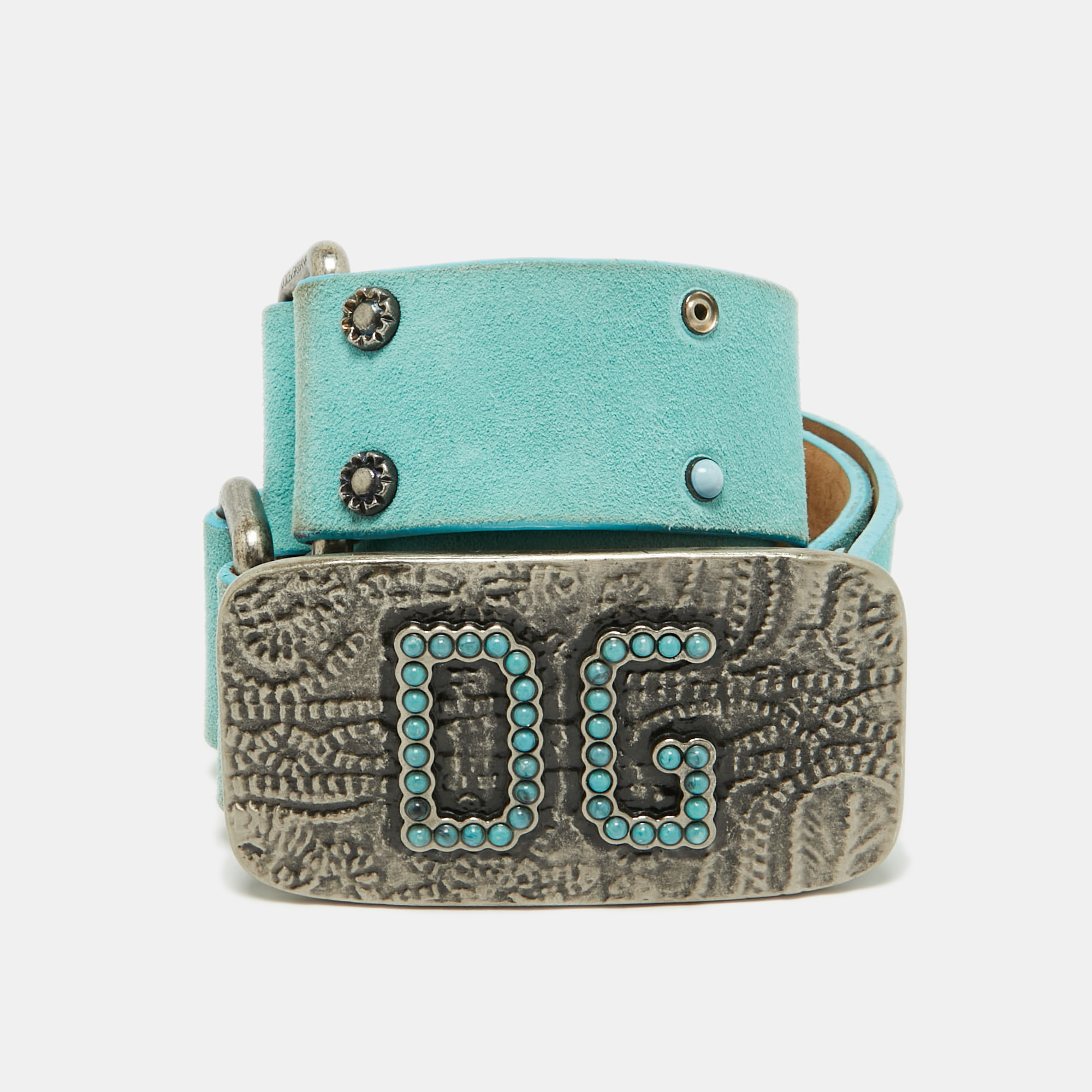 

Dolce and Gabbana Turquoise Suede Studded DG Logo Plague Belt, Blue