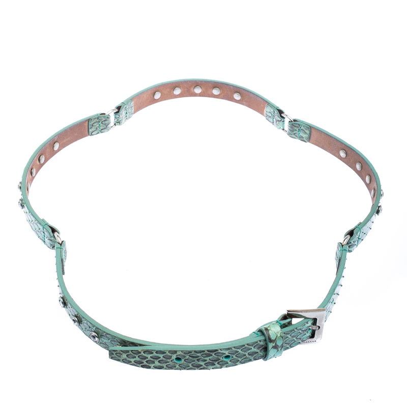 Pre Owned Dolce and Gabbana Green Snake Skin Crystal Embellished Skinny Belt 75cm