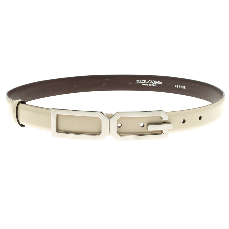 Pre Owned Dolce and Gabbana Off White Glossy Leather DG Logo Belt 85cm
