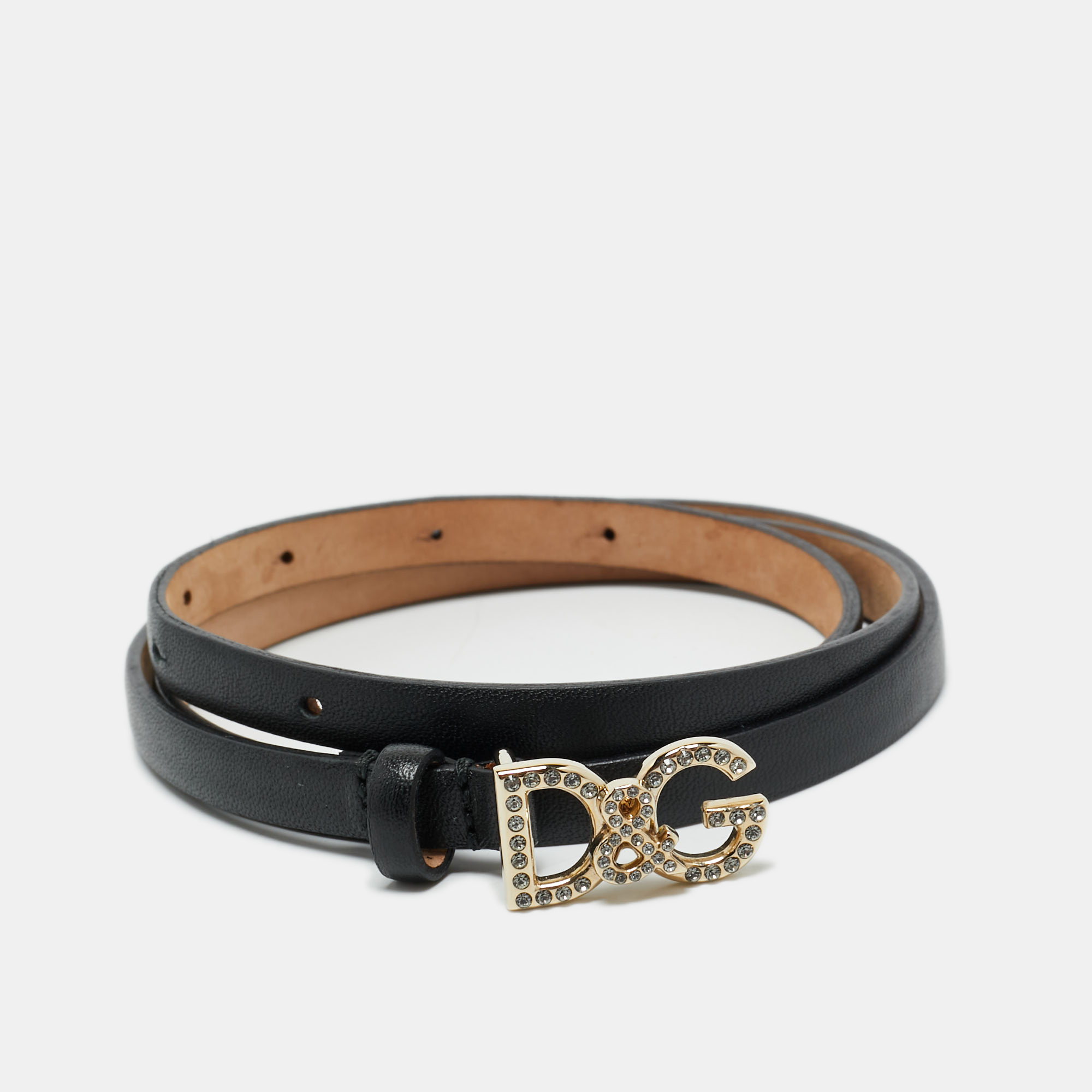 

Dolce & Gabbana Black Leather DG Crystals Waist Belt 75CM