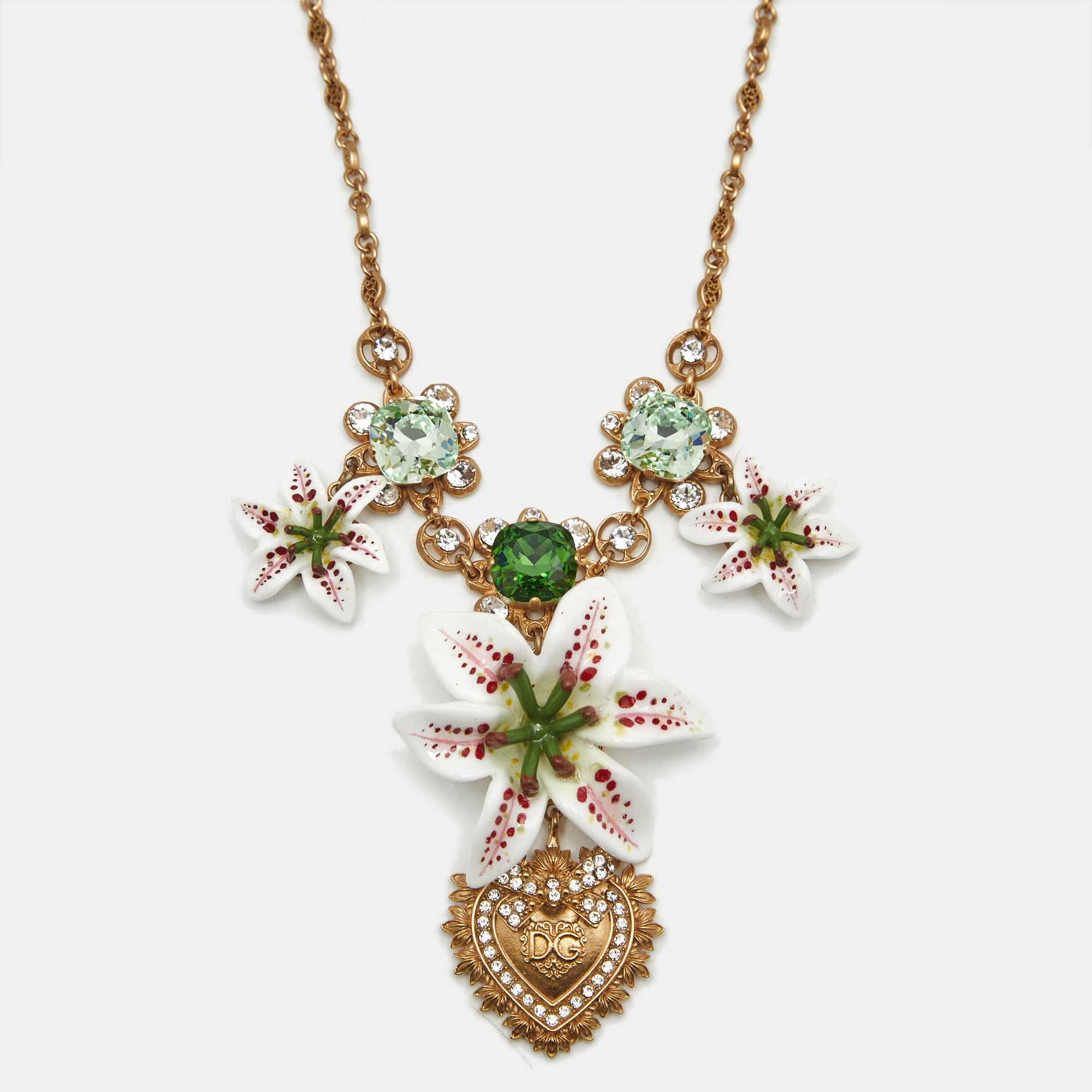

Dolce & Gabbana Lily Floral Devotion Faux Pearl Resin Crystal Gold Tone Pendant Necklace
