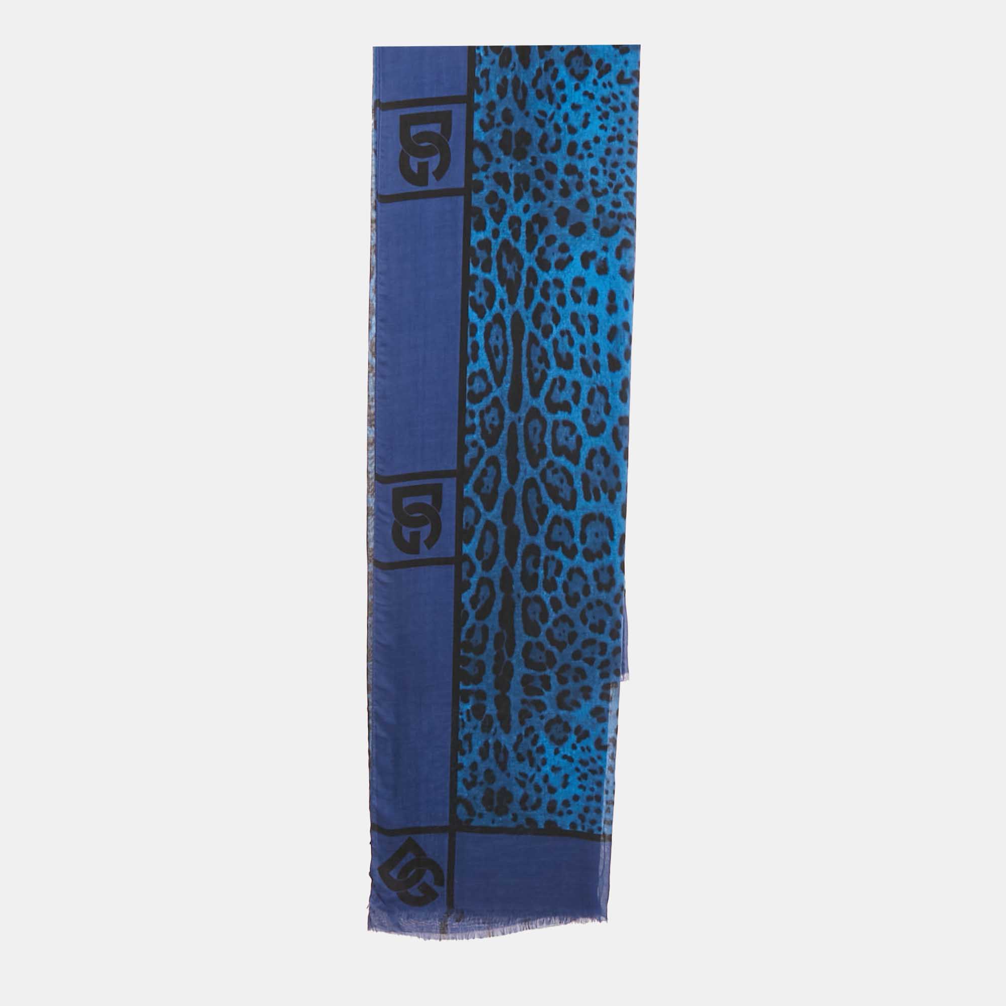 

Dolce & Gabbana Blue Leopard Print Wool Blend Scarf