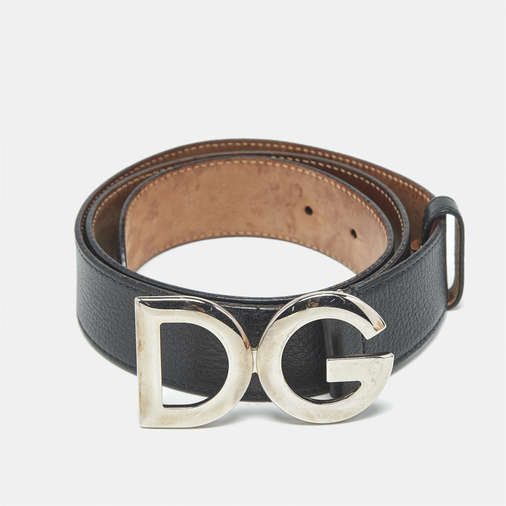Dolce & Gabbana Black Leather DG Logo Buckle Belt 85CM