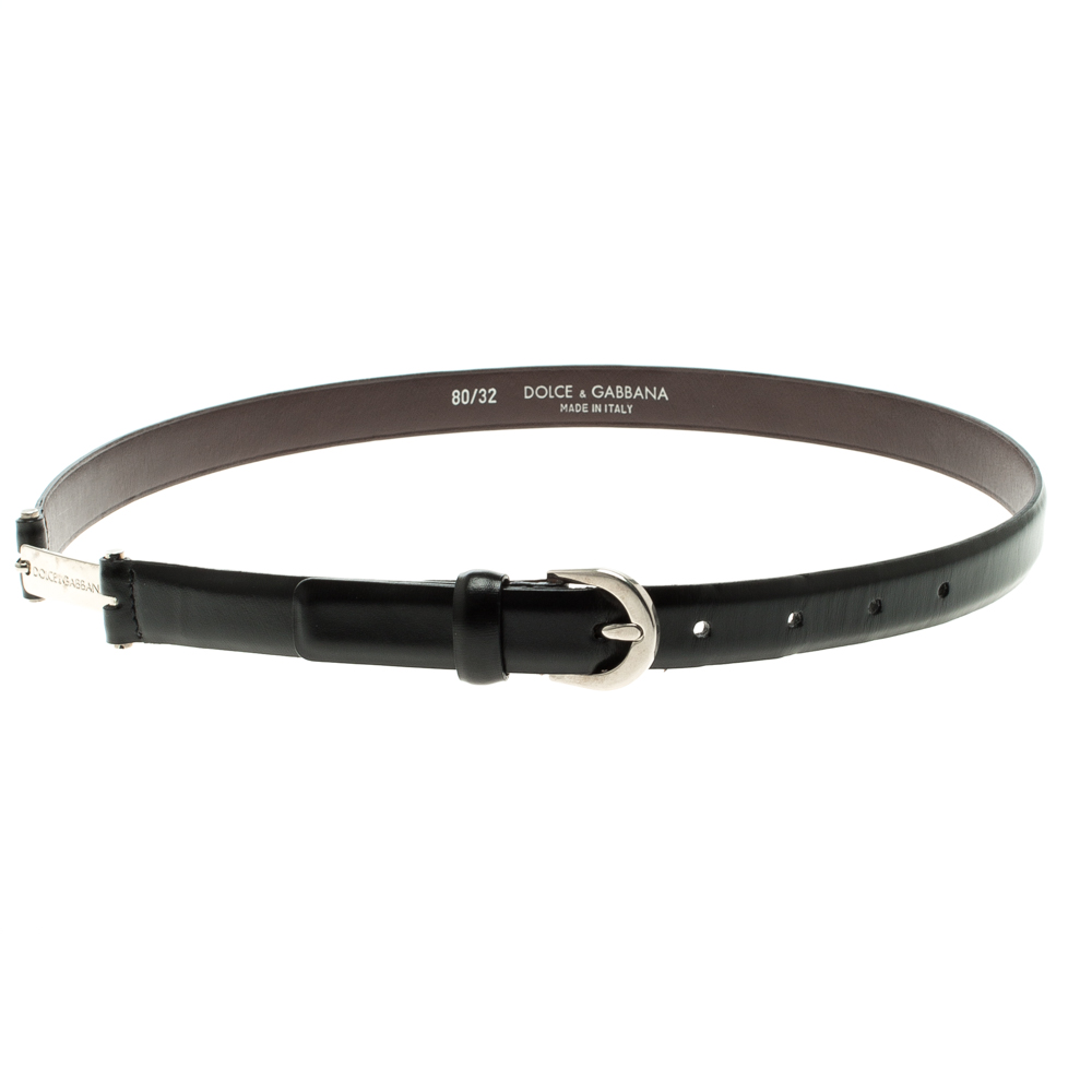 Pre Owned Dolce and Gabbana Black Leather Skinny Belt 80cm