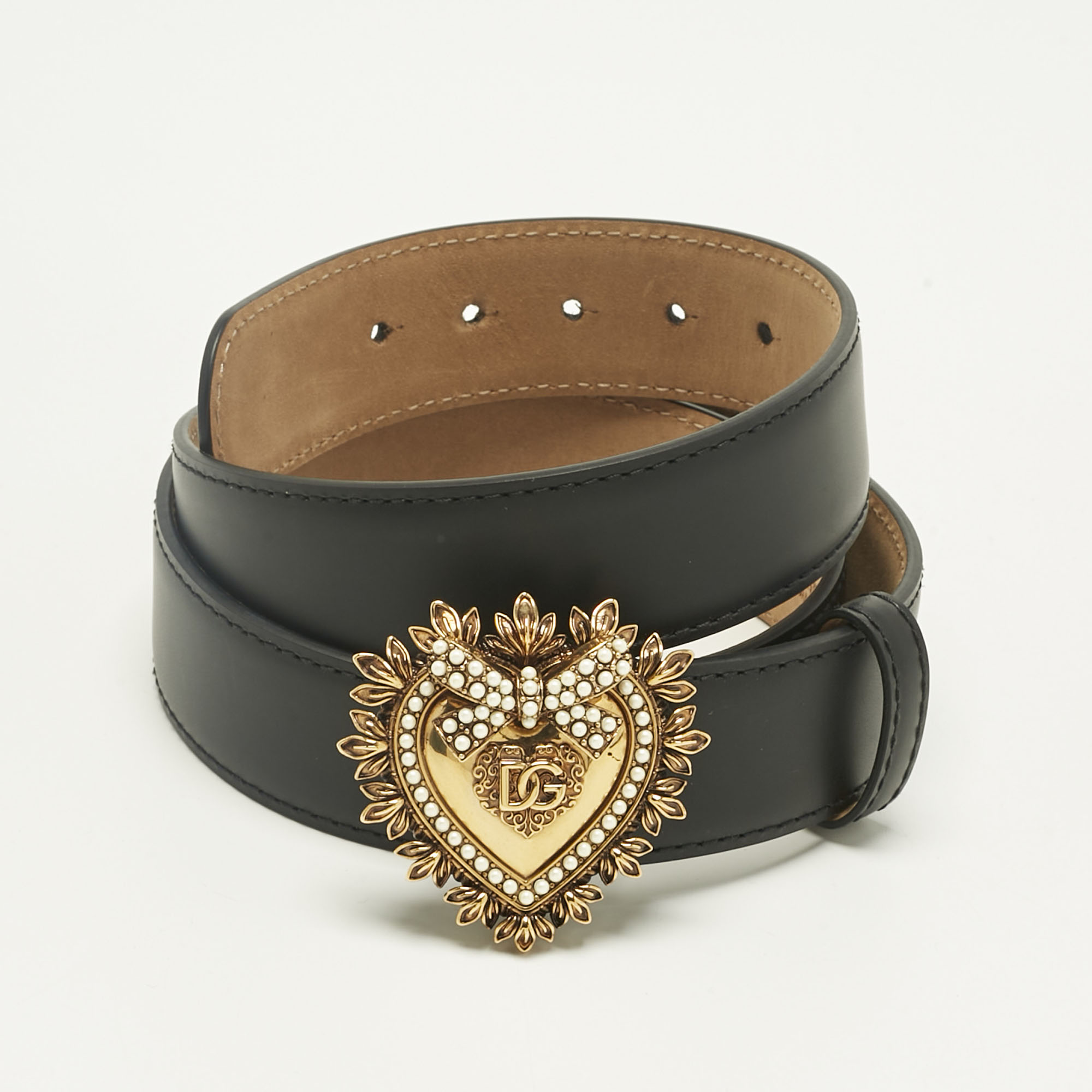 Pre-owned Dolce & Gabbana Black Leather Devotion Heart Buckle Belt 85cm