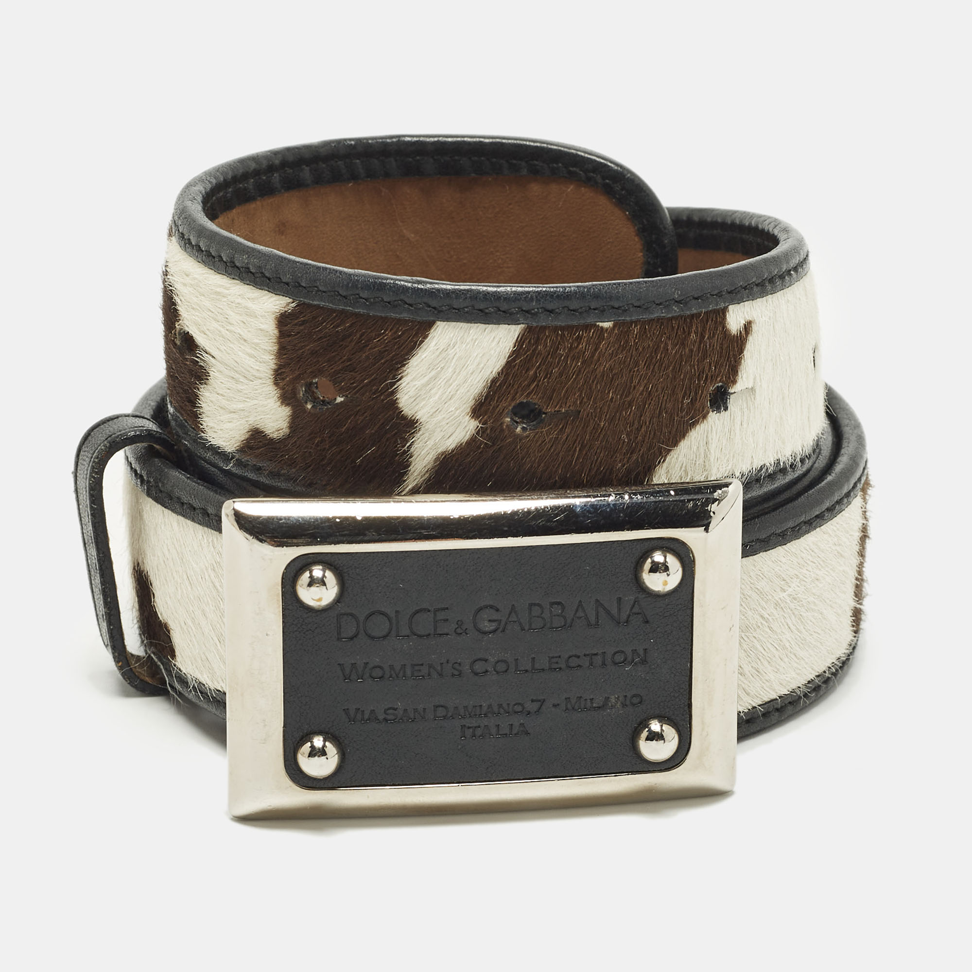 

Dolce & Gabbana 85CM Logo Plague Waist Belt Brown Printed Calfhair