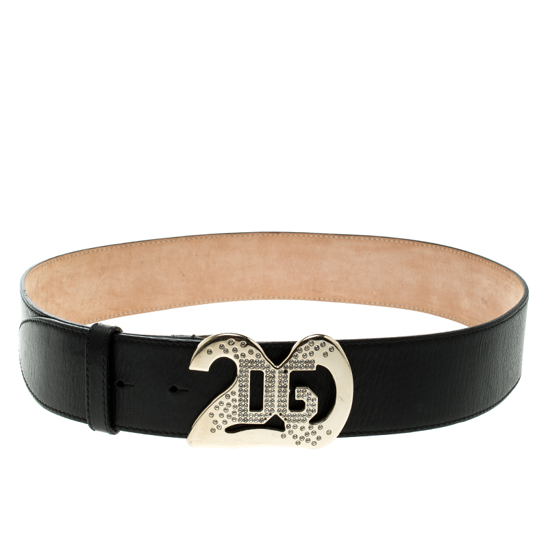 Dolce And Gabbana Black Leather Crystal Embellished Logo Buckle Belt ...