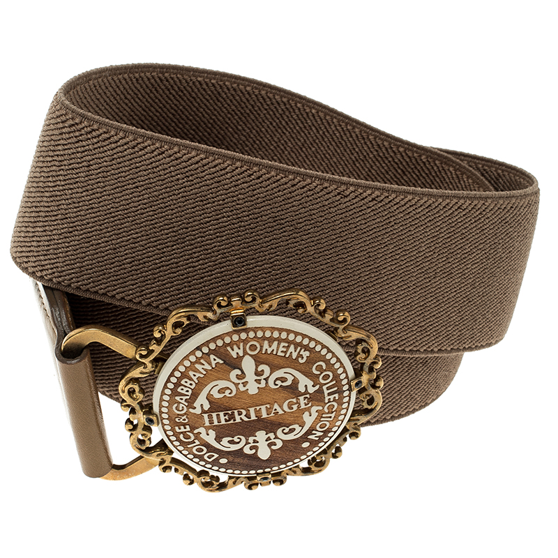 Pre Owned Dolce and Gabbana Dark Beige Canvas Elastic Heritage Waist Belt 75 CM