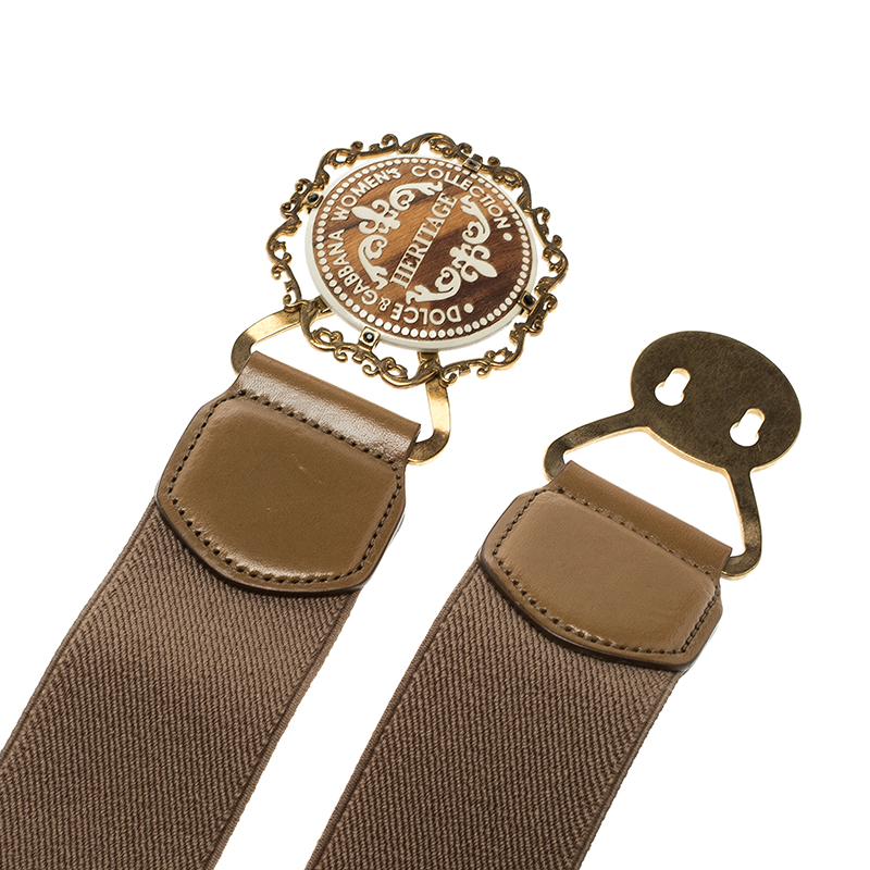 Pre Owned Dolce and Gabbana Dark Beige Canvas Elastic Heritage Waist Belt 75 CM